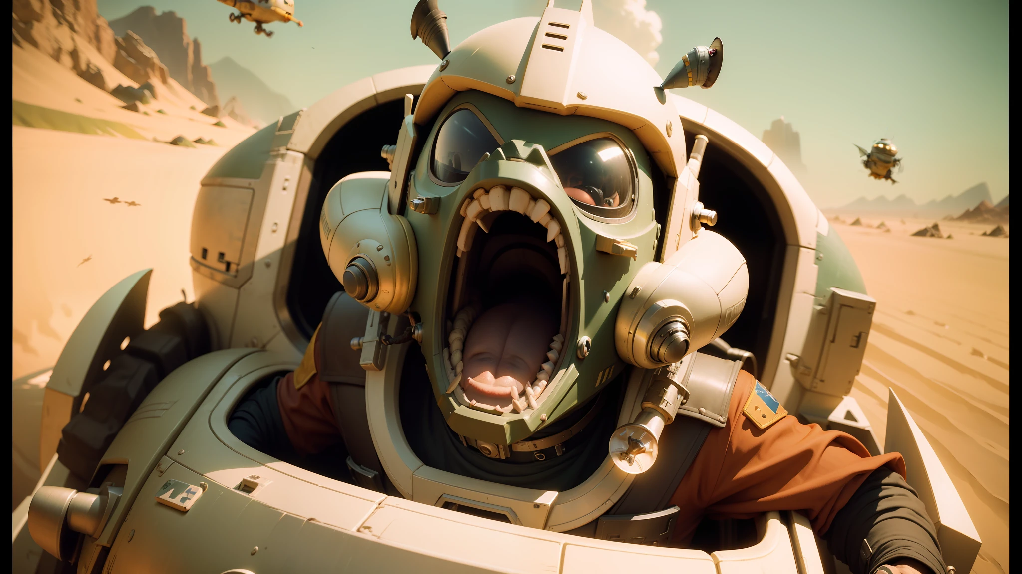 there is a man in a space suit with a mouth open, jaime jasso, a goblin pirate, cinematic shoot, pod racer, youtube thumbnail, film still from an cartoon, war cry, by Chris LaBrooy, cockroach character, realistic cartoon, wearing winged helmet, mesa, kris kuksi --ar 16:9 --auto --s2