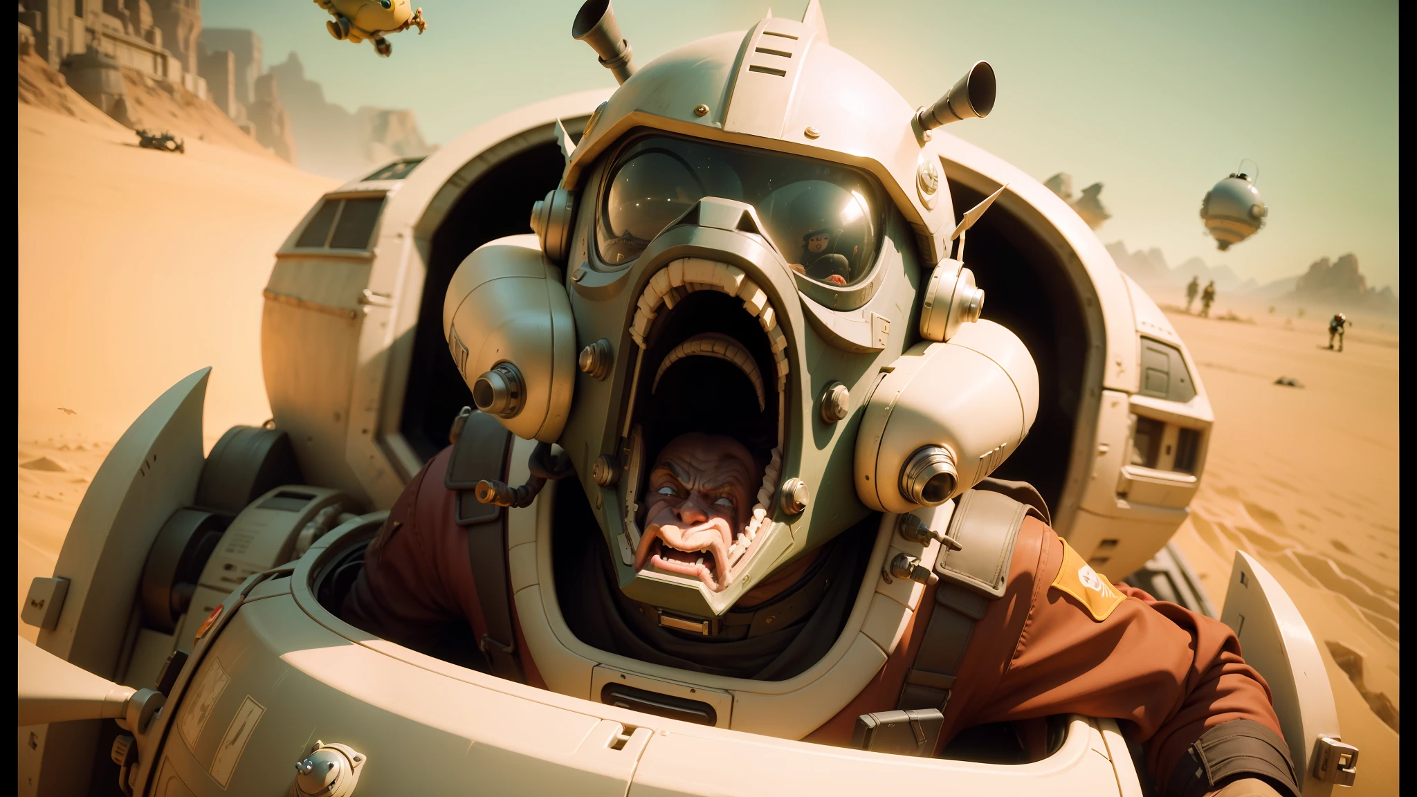 there is a man in a space suit with a mouth open, jaime jasso, a goblin pirate, cinematic shoot, pod racer, youtube thumbnail, film still from an cartoon, war cry, by Chris LaBrooy, cockroach character, realistic cartoon, wearing winged helmet, mesa, kris kuksi --ar 16:9 --auto --s2