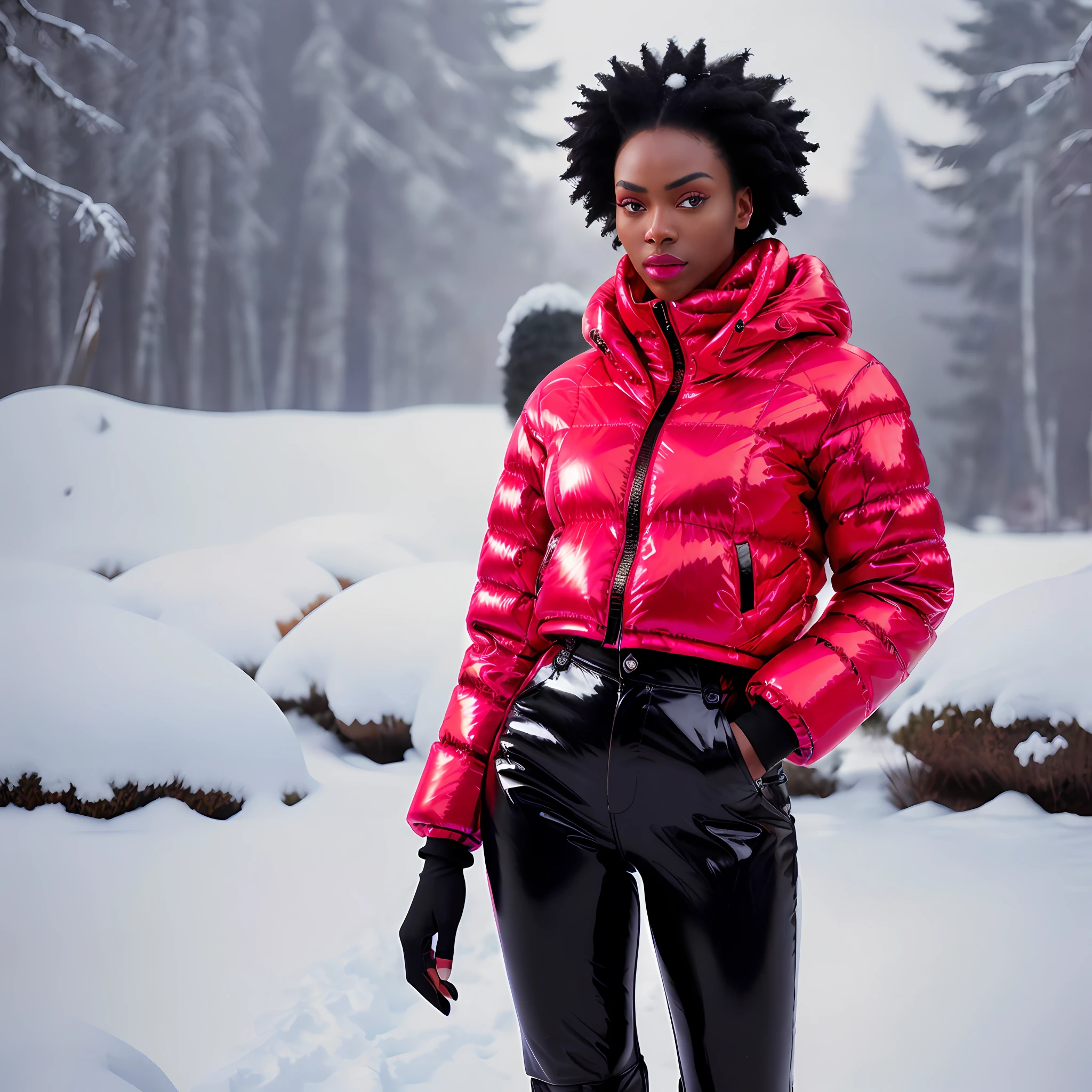 Creates a hyper realis image of a ((full body woman)) with perfect African facial features, black hair styled afro style, with nice expression, wearing ((Balenciaga puffer oversized style jacket:1.5 detailed red)) (((vivid color neon metallic reflective)), walking elegantly towards the camera in the Snow with excellent lighting, hyper realistic natural landscape realistic colors of the snow environment, best quality, top quality, masterpiece, imaging, high resolution photography camera 100mm lens