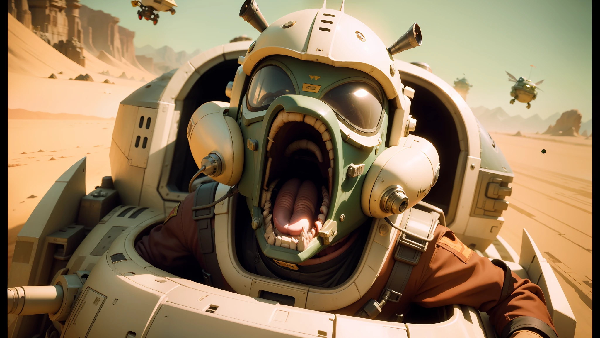 there is a man in a space suit with a mouth open, jaime jasso, a goblin pirate, cinematic shoot, pod racer, youtube thumbnail, film still from an cartoon, war cry, by Chris LaBrooy, cockroach character, realistic cartoon, wearing winged helmet, mesa, kris kuksi --ar 16:9 --auto --s2