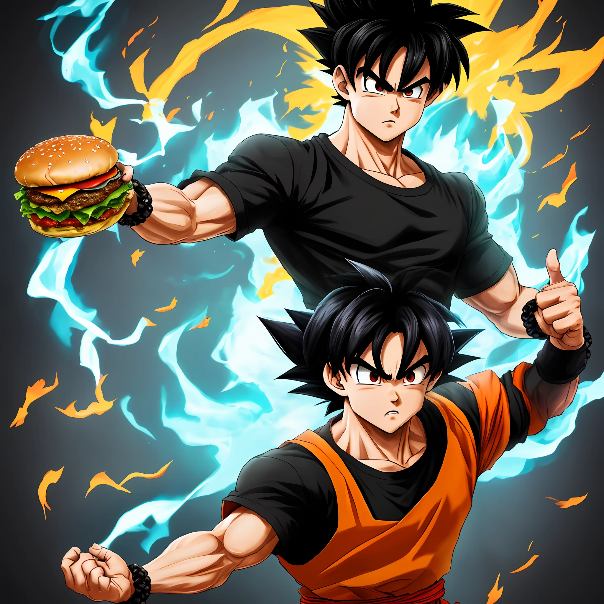 Son goku, 1boy, brave, hamburger, black hair, black shirt, blue bracelet, clenched hand, closed mouth, collarbone, energy, gray eyes, male focus, muscular man, outstretched arm, band, scene reference, scratches, black shirt, smoke, spiky hair, standing, ultra instinct, V-eyebrows, hamburger, walking, bracelet, hamburger