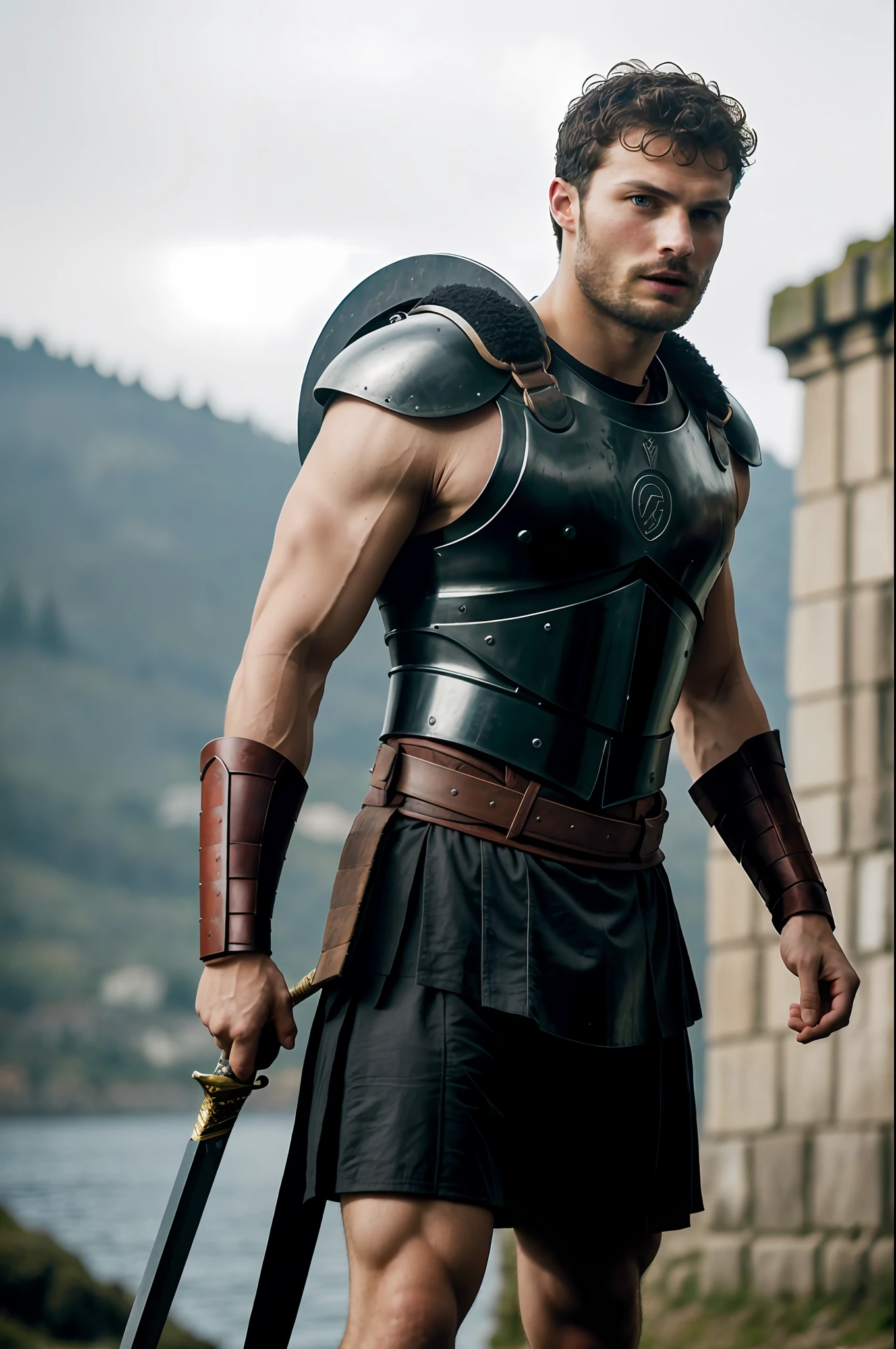 create Jamie Dornan as a Spartan warrior), using sword and shield, wearing Spartan armor, strong and muscular, Jamie Dornan, strong and muscular, (Moreno with model face), wearing dark beard, dark short hair, man similar to actor jamie dornan, (high quality and realistic image), sparta city background, cinematic style, ((Best quality, 8k, Masterpiece).