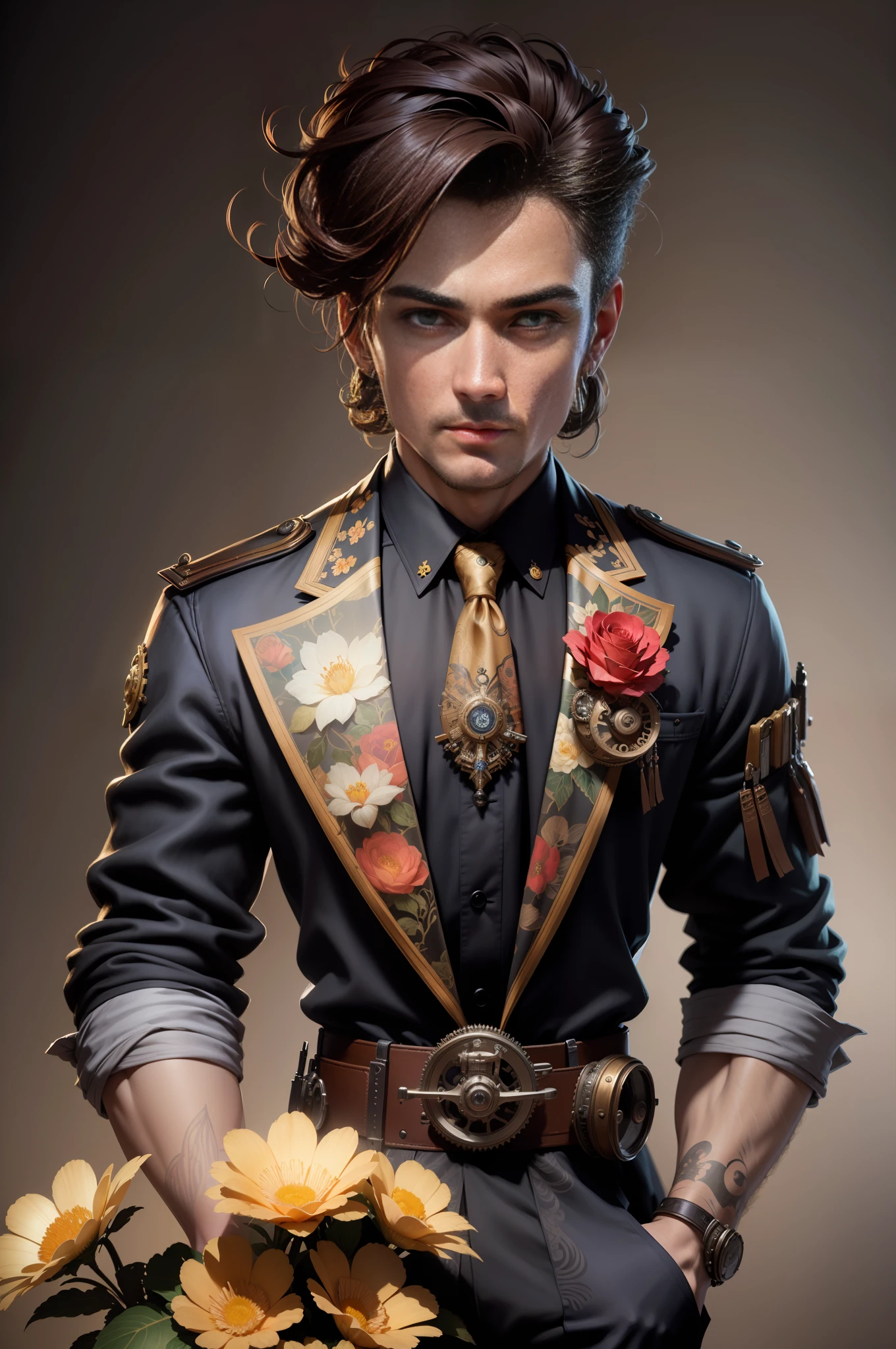 3dmm style, (masterpiece, best quality), intricate details, modelshoot style Charlie Bowater realistic Lithography sketch portrait of a man, flowers, [gears], pipes, dieselpunk, multi-colored ribbons, old paper texture, highly detailed