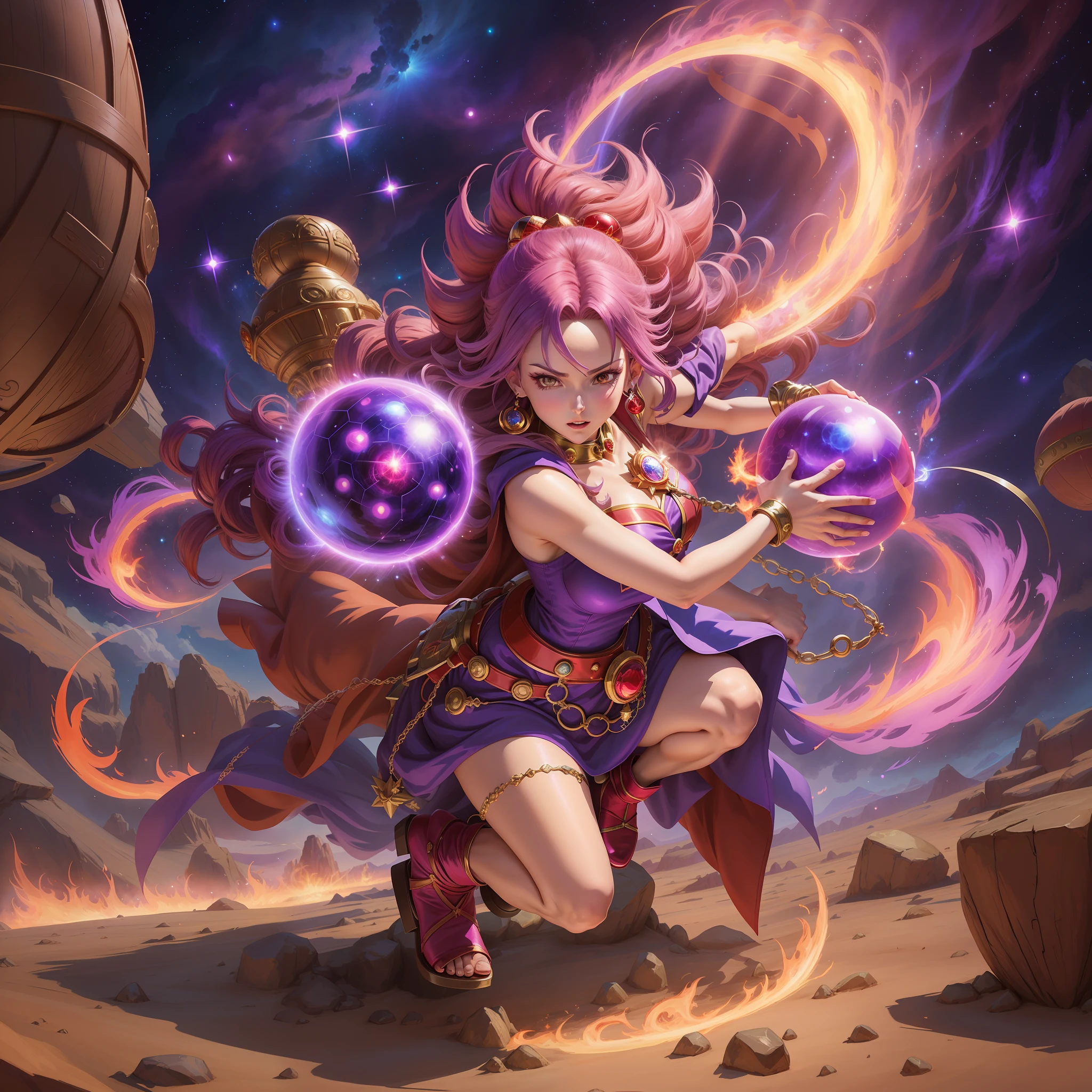 anime - style illustration of a woman with a purple hair and a red cape holding a crystal ball, the sorceress casting a fireball, full art, saiyan girl, epic mage girl character, mana in the air, beautiful celestial mage, female mage conjuring a spell, full portrait of elementalist, mana art, high detailed official artwork