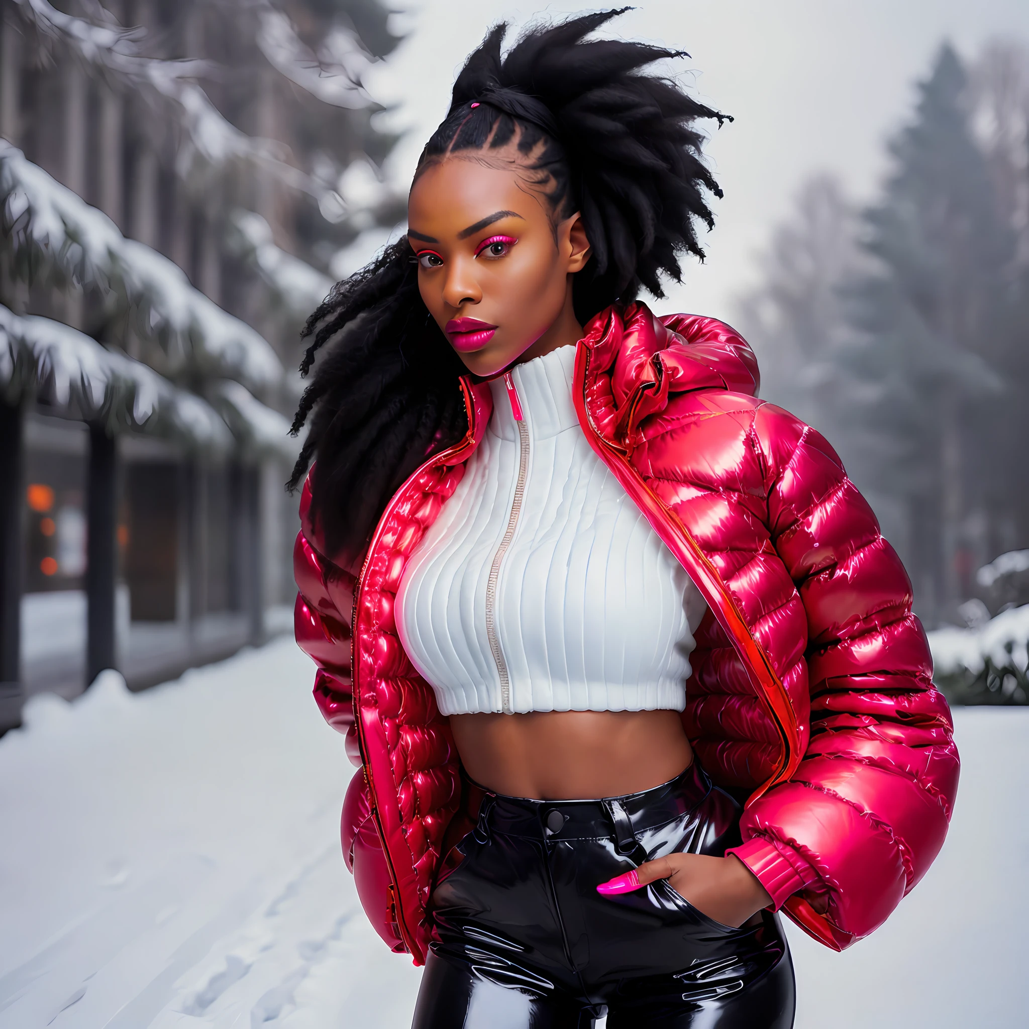Creates a hyper realis image of a ((full body woman)) with perfect African facial features, black hair styled afro style, with nice expression, wearing ((Balenciaga puffer oversized style jacket:1.5 detailed red)) (((vivid color neon metallic reflective)), walking elegantly towards the camera in the Snow with excellent lighting, hyper realistic natural landscape realistic colors of the snow environment, best quality, top quality, masterpiece, imaging, high resolution photography camera 100mm lens