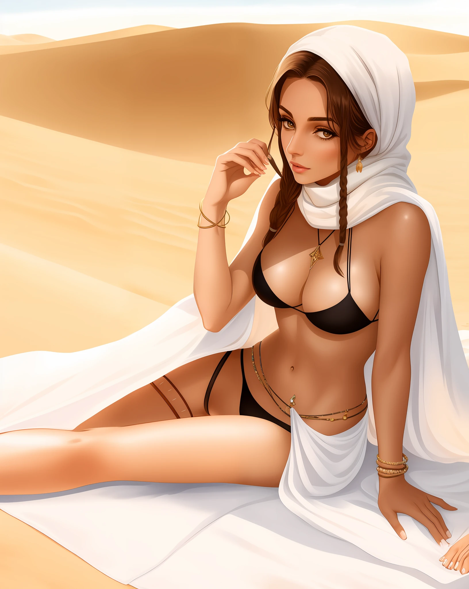araffe woman in a bikini sitting on a blanket on on the desert, lara croft relaxing, covered in sand, in a desert, gorgeous woman, in the desert, victoria siemer, gorgeous female, on the sand, revealing clothes, white girl, snow bunny, relaxed pose, at the desert, tans, head scarf