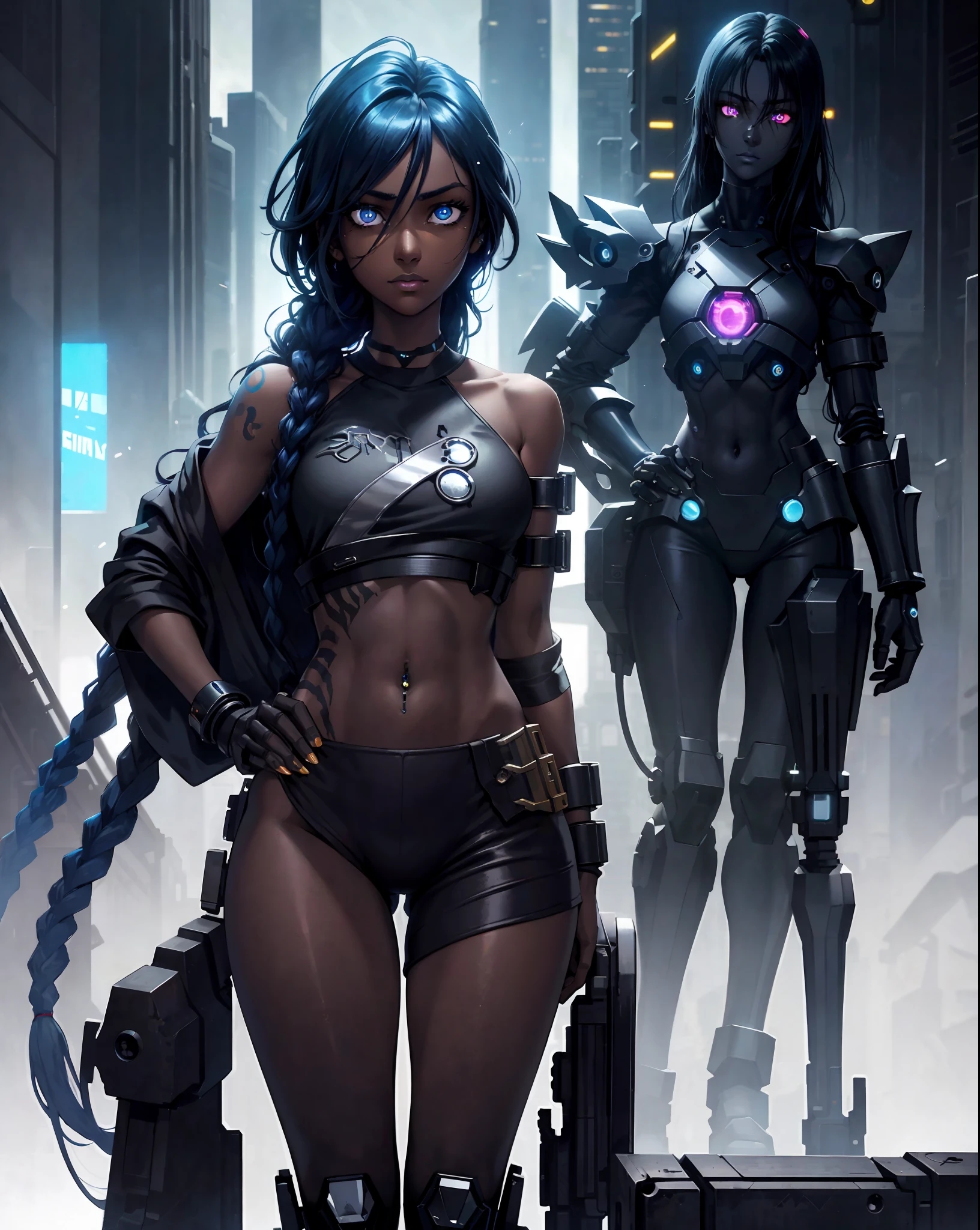 masterpiece, dynamic pose, a gorgeous (dark skin) girl over a future cityscape, depth of field, oversized shirt, off one shoulder, (shiny skin:1.4), cold lighting, detailed face, clear eyes, depth of field, messy hair, (intricate), machines, navel piercing, shy, mechanical parts, mechanical legs, glowing eyes, detailed eyes, detailed background, neon trim, neon lights