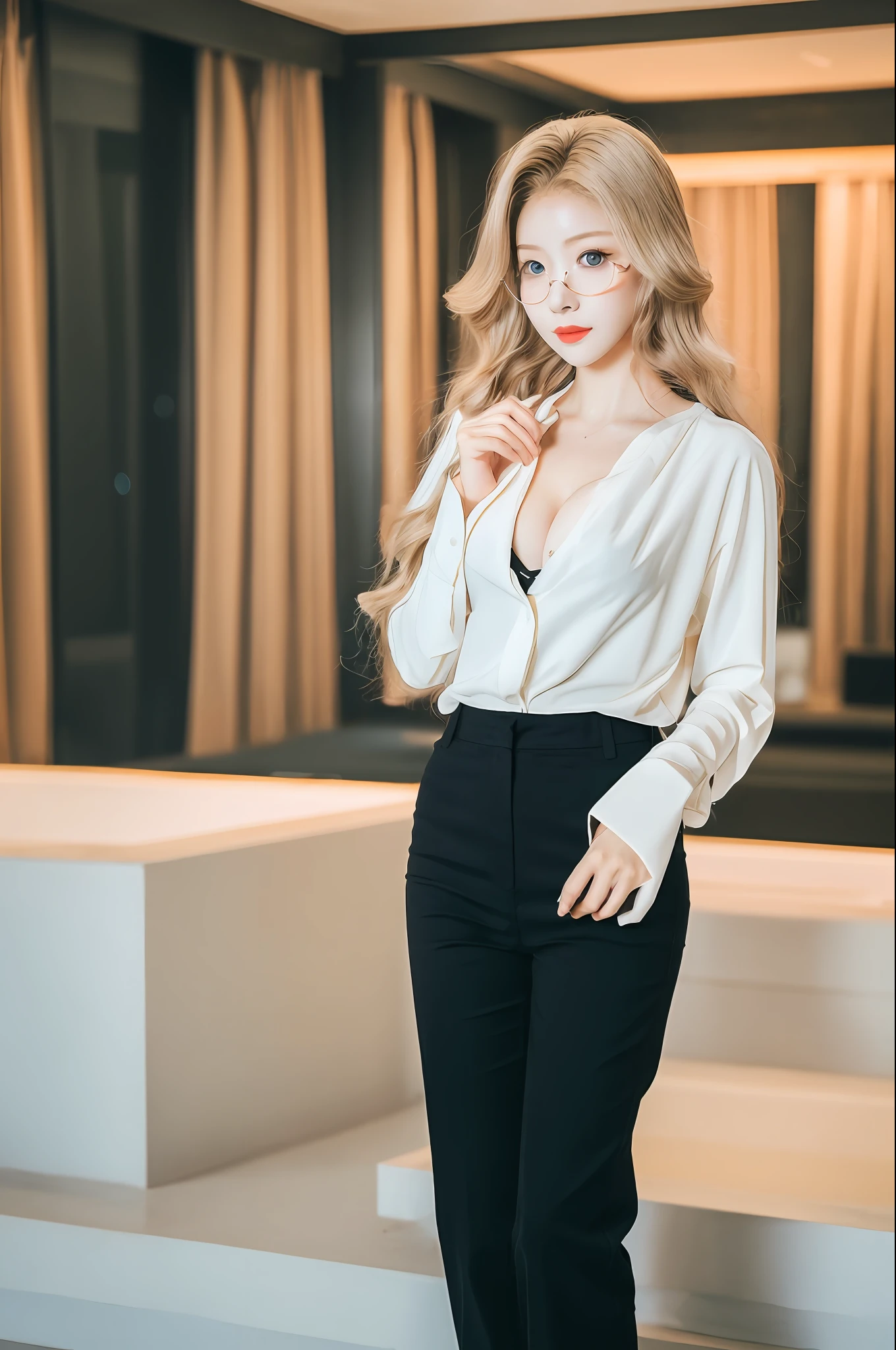 ((RAW photo, best quality)), (realistic, photo-realistic:1.3), masterpiece, an extremely delicate and beautiful, extremely detailed, CG, unity , 2k wallpaper, Amazing, finely detail, light smile, extremely detailed CG unity 8k wallpaper, huge file size, ultra-detailed, high resolution, absurdres, soft light, beautiful detailed girl, detailed fingers, extremely detailed eyes and face, beautiful detailed nose, beautiful detailed eyes, long eyelashes, light on face, looking at viewer, 1girl, (full body), ((small breasts)), realistic face, realistic body, beautiful detailed thigh, long hair, breasts, looking at viewer, blue eyes, skirt, blond hair, shirt, long sleeves, white shirt, glasses, pants, black skirt, blurry, lips, blurry background, black pants, red lips, (ulzzang-6500-v1.1:0.4),