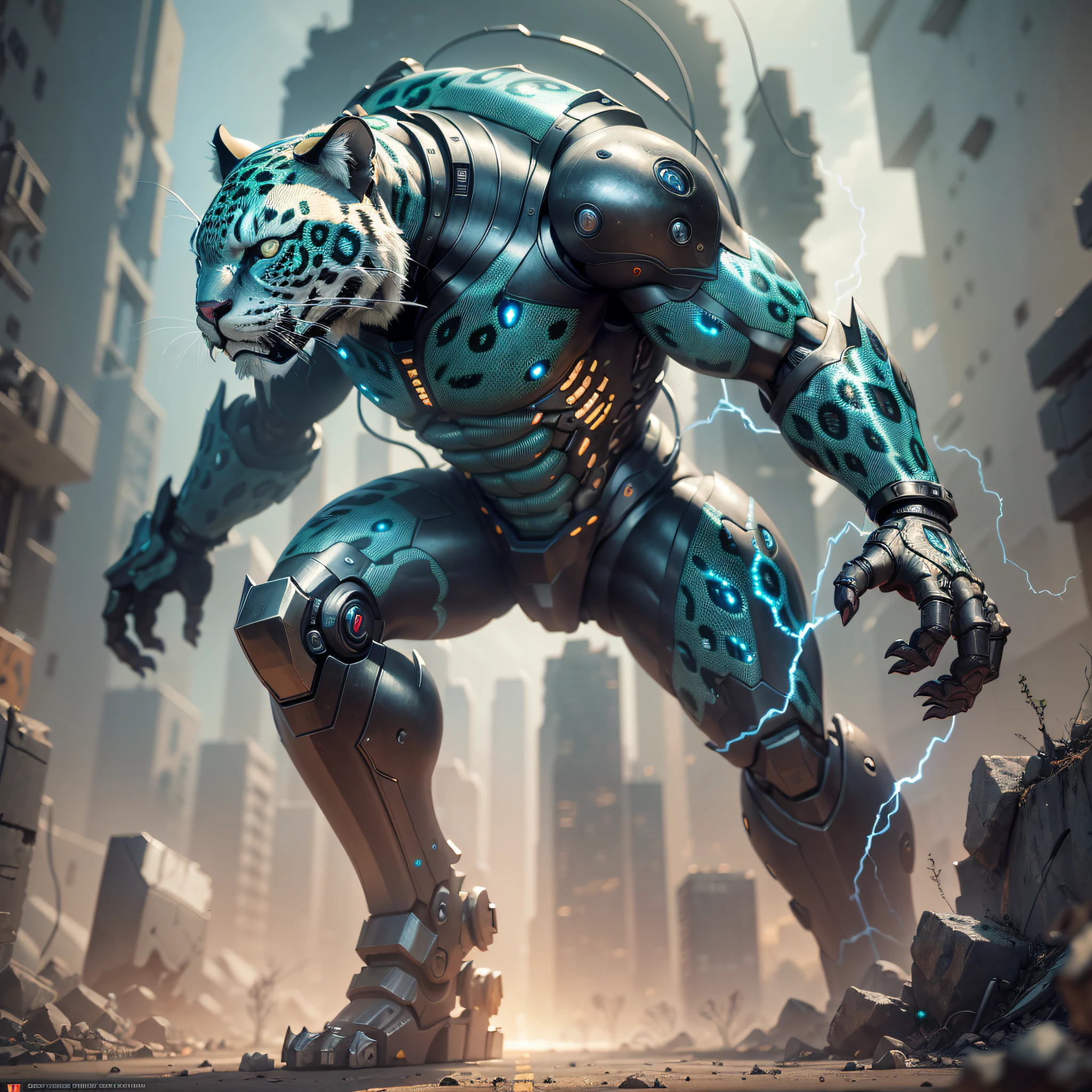 The best quality, masterpiece, cinematics, volumetric lighting, extreme detail. Detailed face, detailed eyes, (android, cyborg, robotic creature shaped like jaguar and puma faced), (battle damage, badly damaged), (loose wires, exposed metal parts), dark and broken limbs, full body --auto --s2