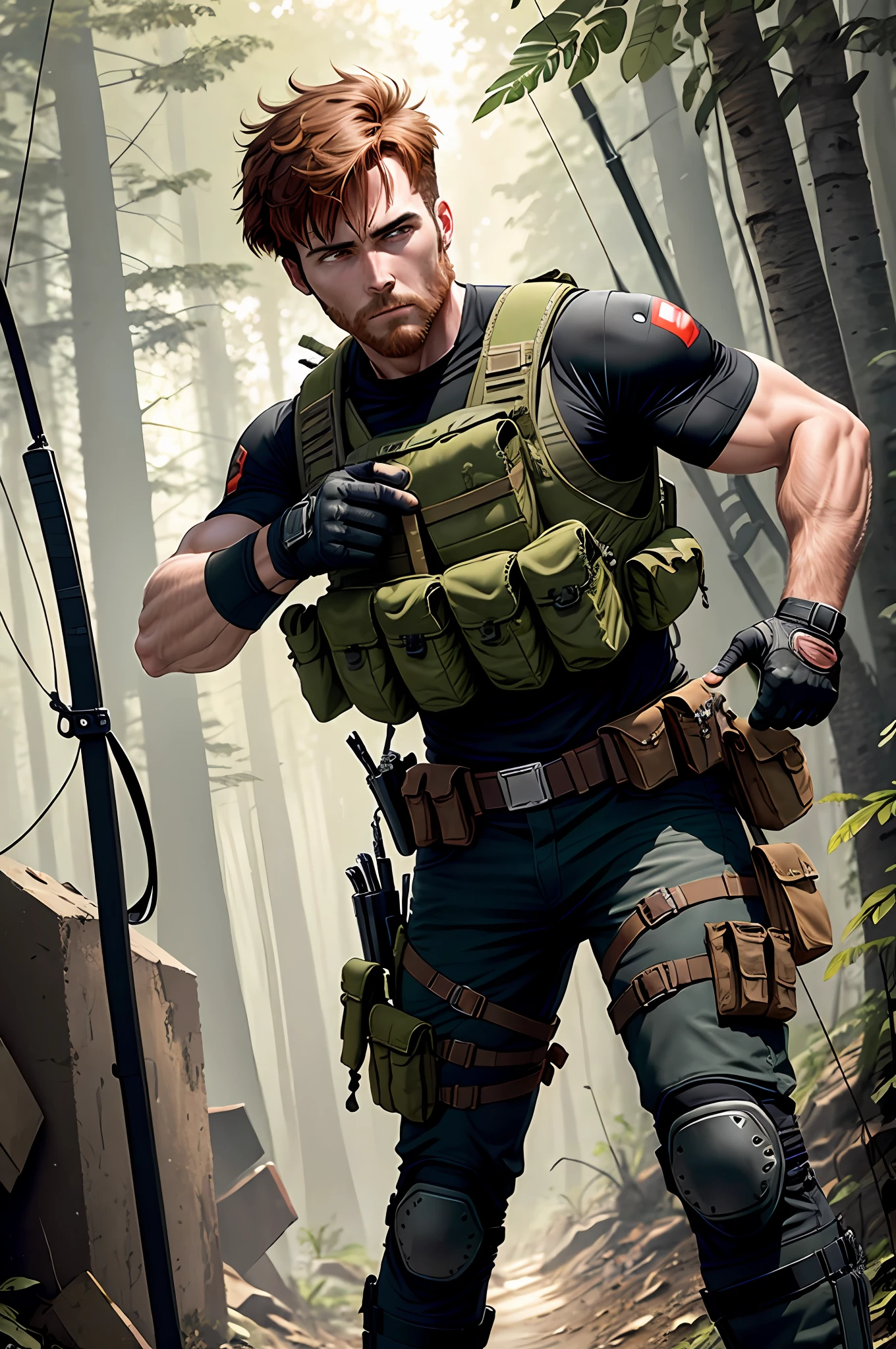 boots, canadian male, full body, aiming and firing a modern compound bow, arrow, knee pads, male focus, military, military uniform, pouch, reddish-brown hair, clean-shaven, solo, standing, , assault vest, drop-down pistol holster, jungle background, battle, tanks, explosions, gritty war-torn atmosphere, black ops,