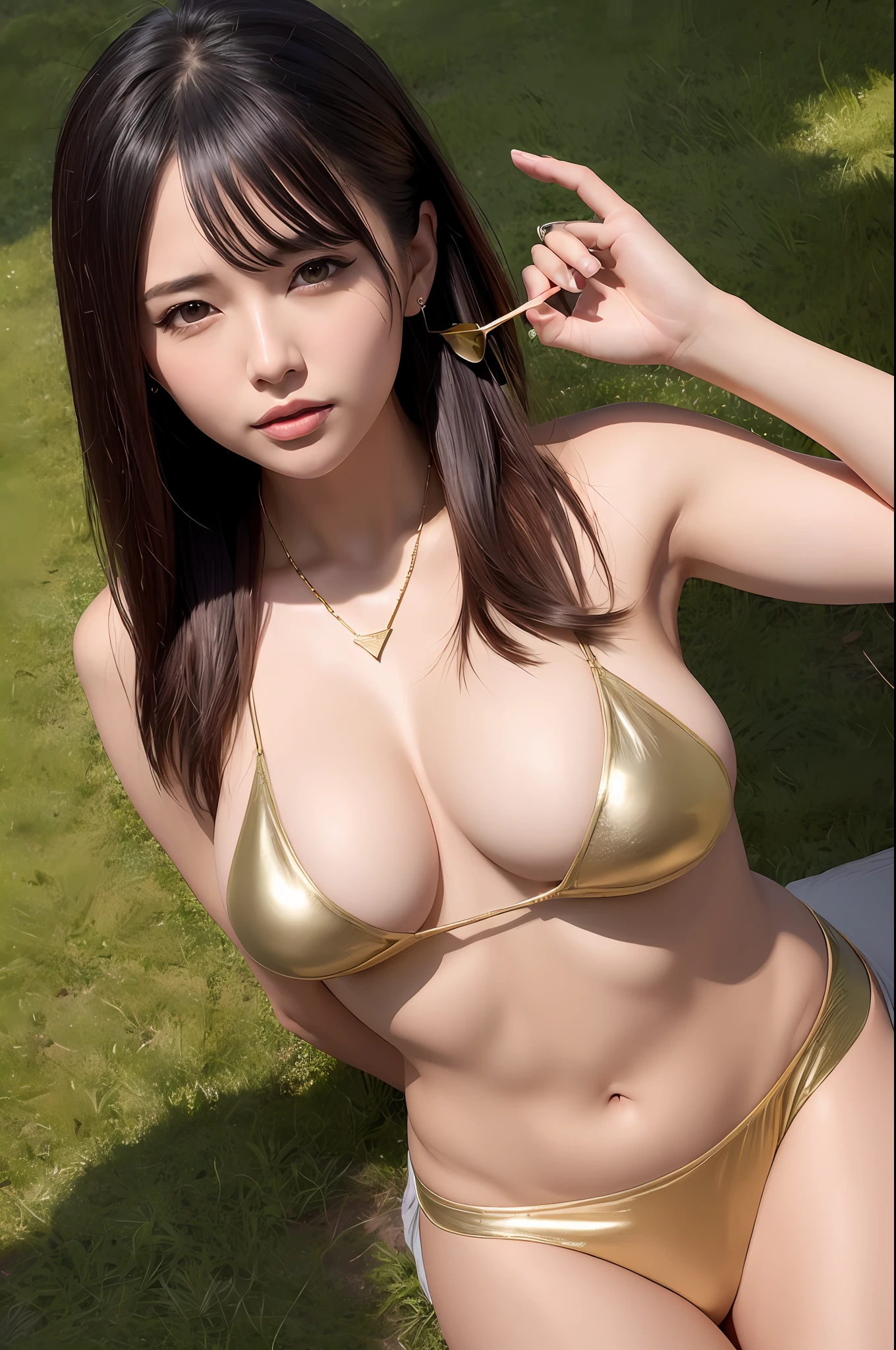 1 Lie down on the grass, Overhead camera, sharp focus, handsome,plump legs, skinny,professional lighting,city, eyelines,gold necklace,rendered eyes,tall body,adult woman,hair ornament,instagram most viewed,official wallpaper, official art,(kpop idol), mini skirt, half-closed eyes,building,((photorealistic painting art by midjourney and greg rutkowski)),((supermodel))