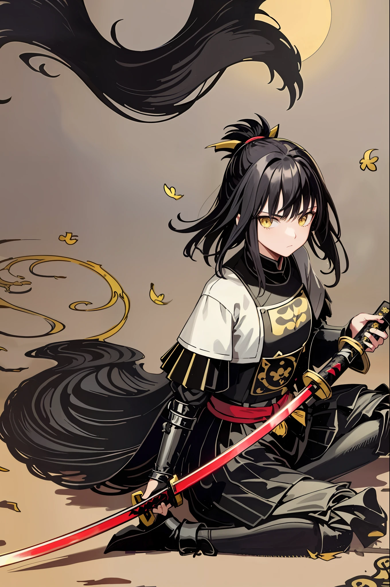tarot card, the fool, ( girl, black hair, yellow eyes, black and red samurai armor, holding a katana) swords all over the ground in the background, moon