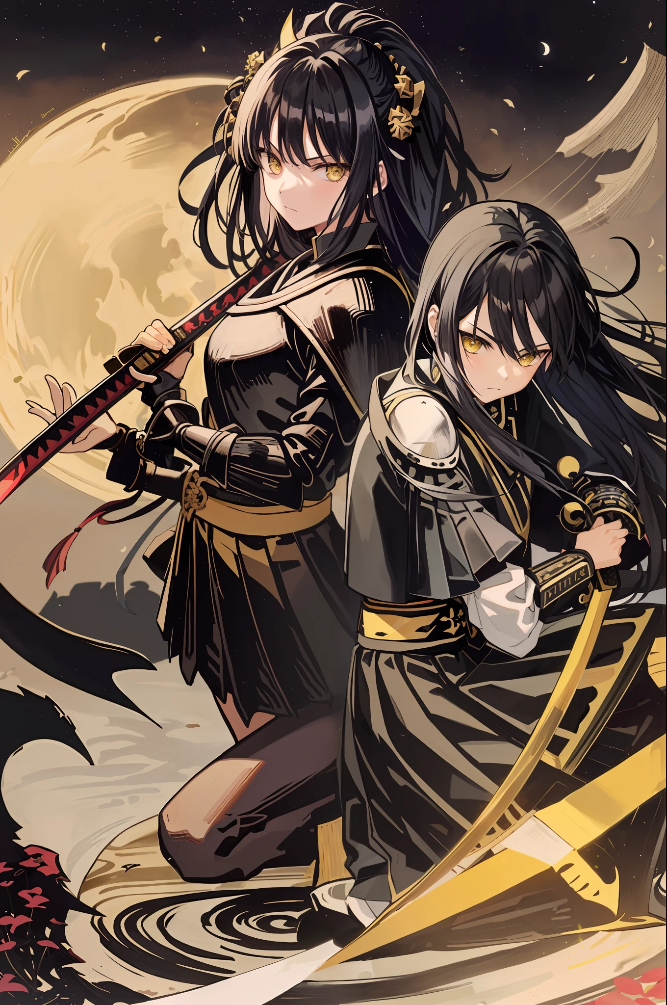 tarot card, the fool, ( girl, black hair, yellow eyes, black and red samurai armor, holding a katana) swords all over the ground in the background, moon