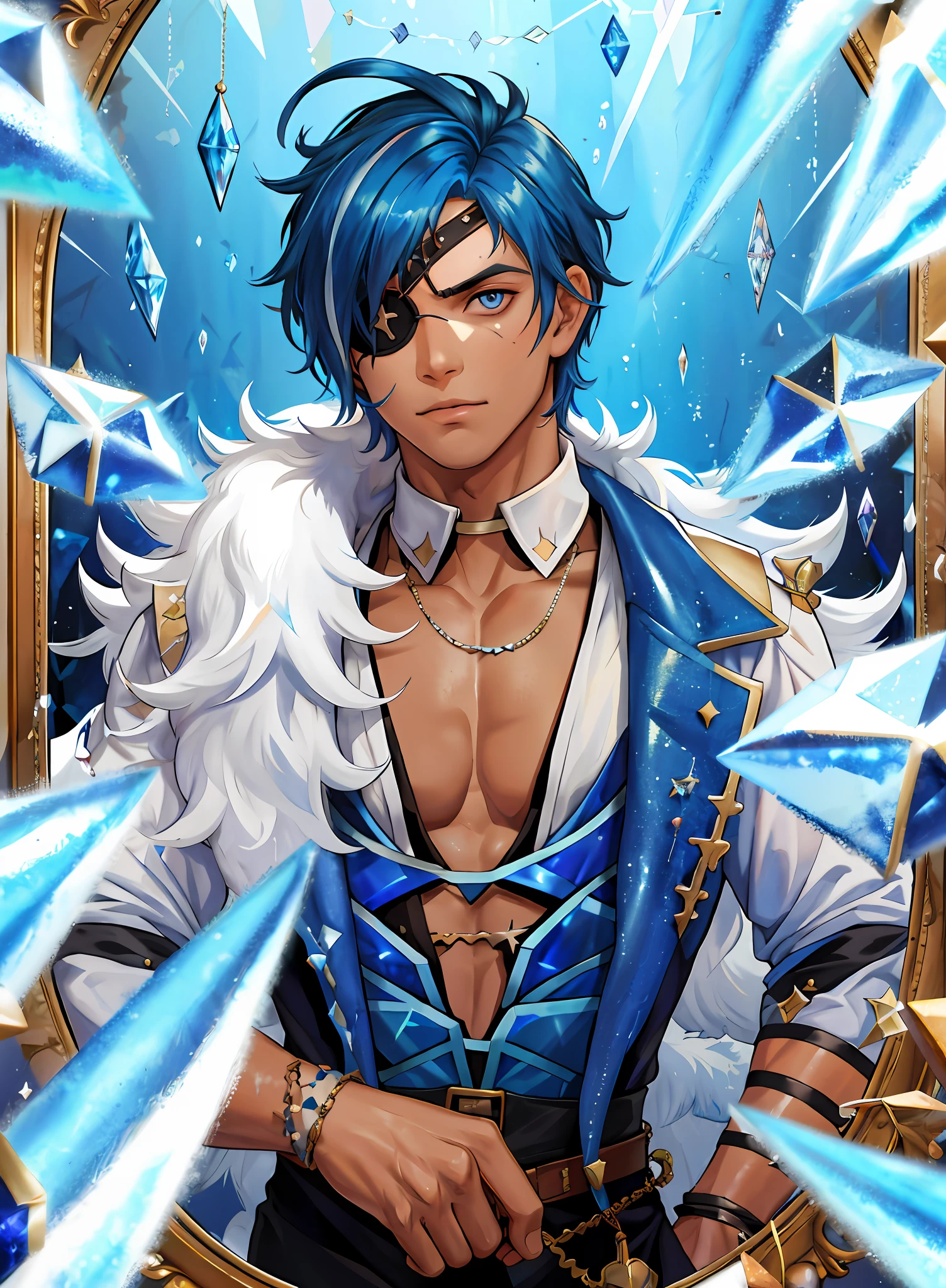 best quality, masterpiece, highres, 1boy,male,solo,upper body, mature male, blue hair, taned skin, eyepatch on right eye, surrounded by crystals and broken mirror pieces, shattered glass on background