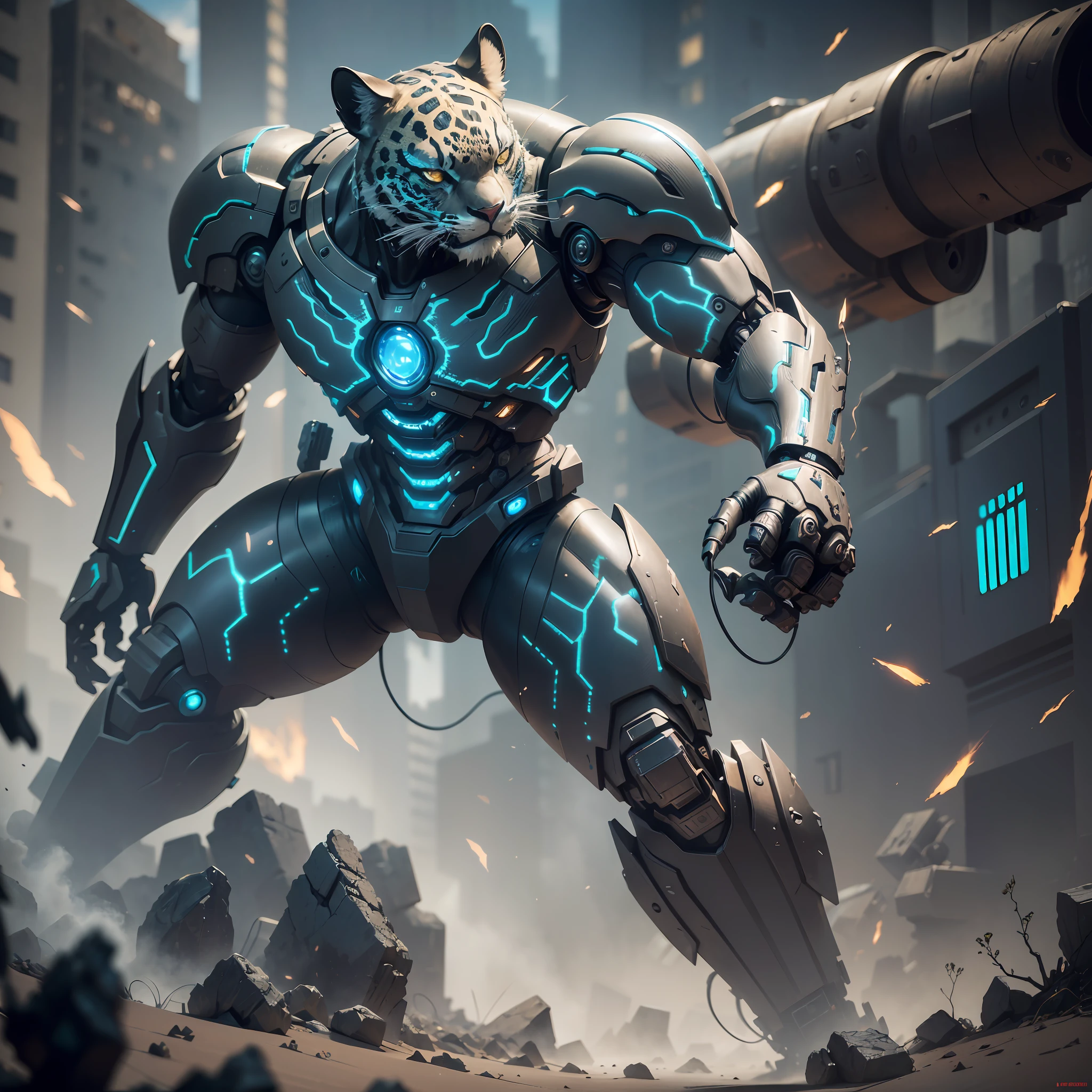 The best quality, masterpiece, cinematics, volumetric lighting, extreme detail. Detailed face, detailed eyes, (android, cyborg, robotic creature shaped like jaguar and puma faced), (battle damage, badly damaged), (loose wires, exposed metal parts), dark and broken limbs, full body --auto --s2