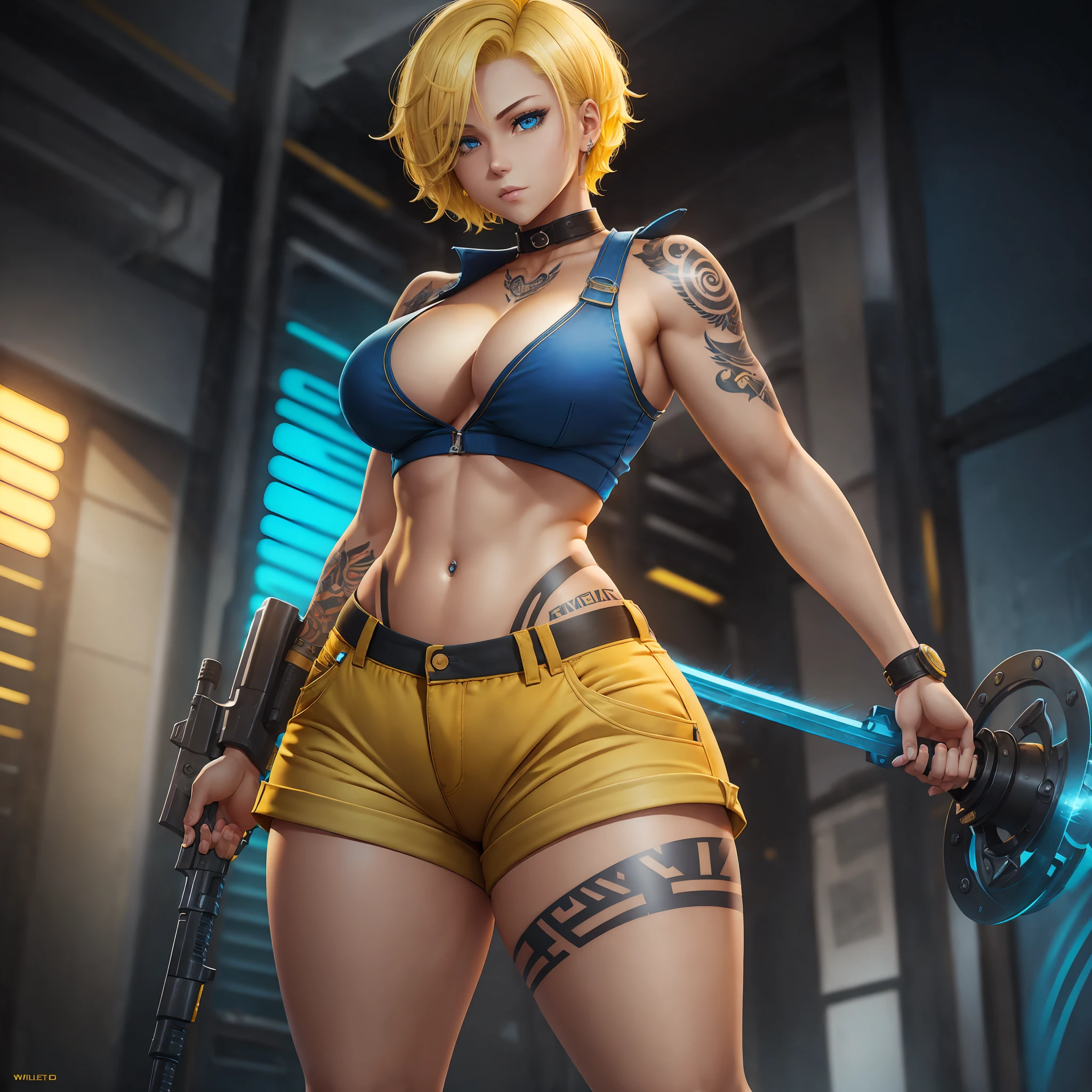 Short yellow hair, shirt and pants with pockets, charismatic, powerful, curvy, sexy, fair skin, beautiful, weapons, body tattoo, ager, intimate, fighter, full body, 2d, willder lighting, dominated, blue eyes, realistic style. --auto --s2