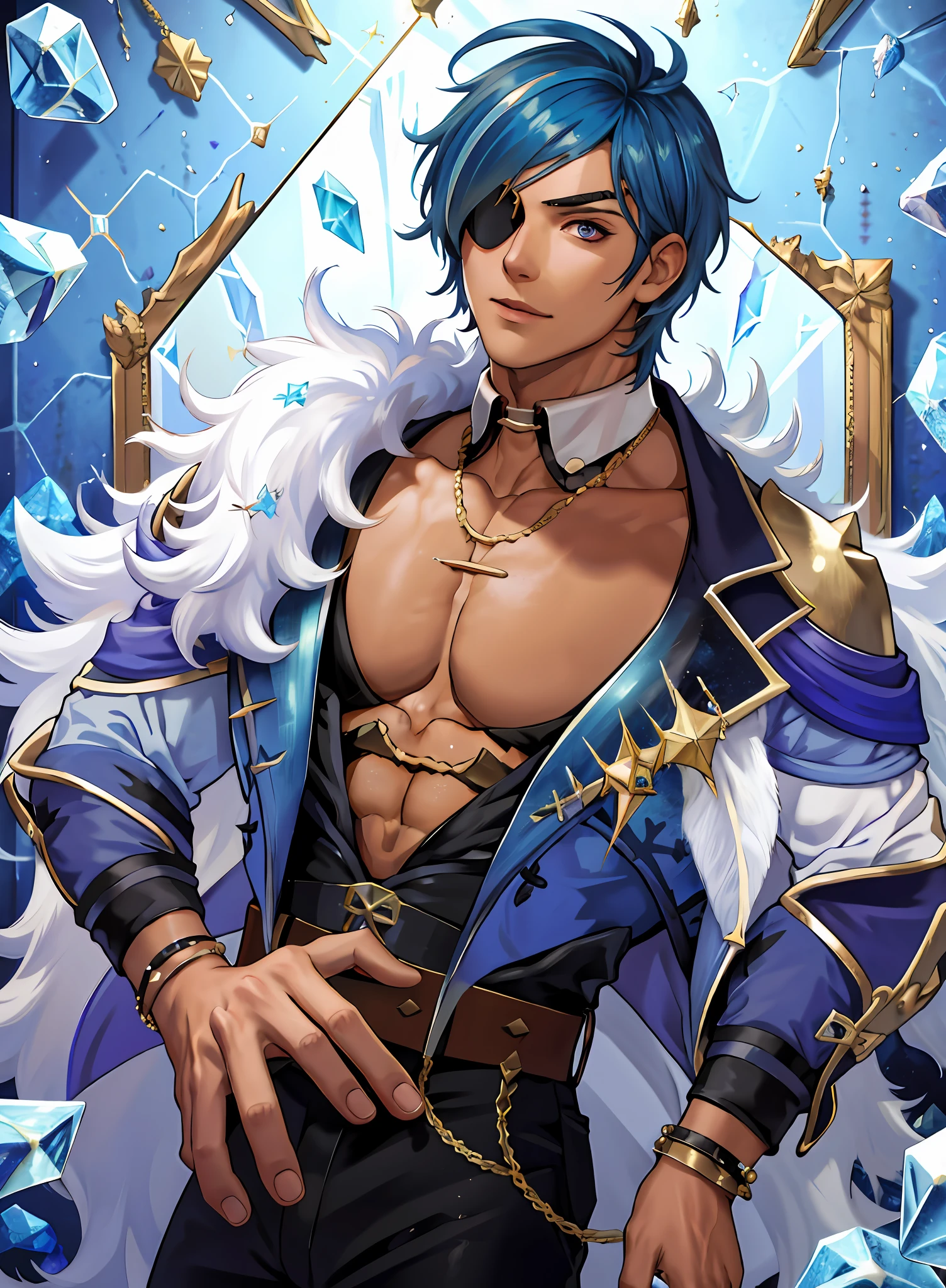 best quality, masterpiece, highres, 1boy,male,solo,upper body, mature male, blue hair, taned skin, eyepatch on right eye, surrounded by crystals and broken mirror pieces, shattered glass on background
