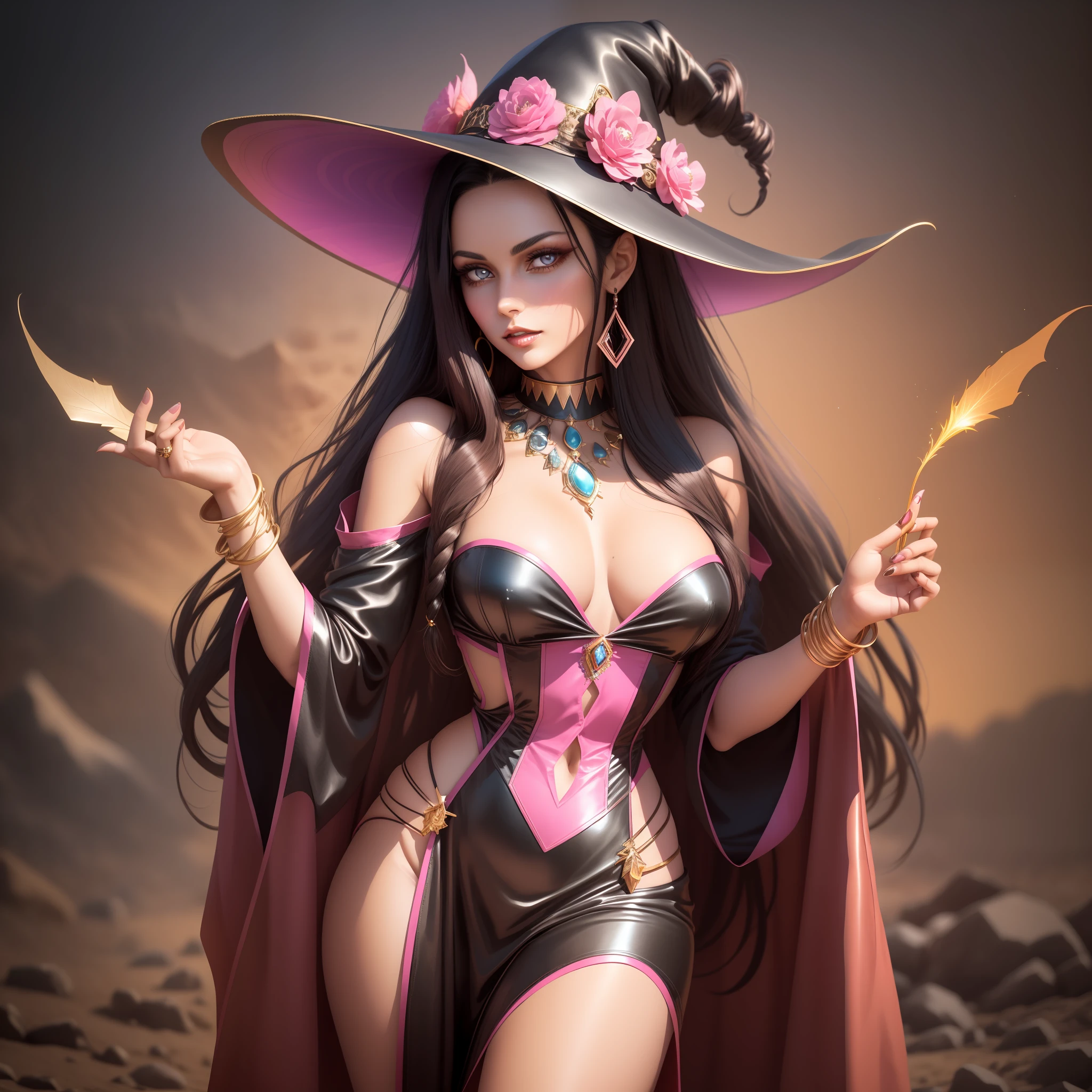There is a witchy brunette woman, long black hair with pink gradient tips, radiant blue eyes, wearing sexy golden outfit with light pink, antique costume, vinyl costume glued to the body, leather, jewelry, tanned brunette skin, high quality image, desert background, many details