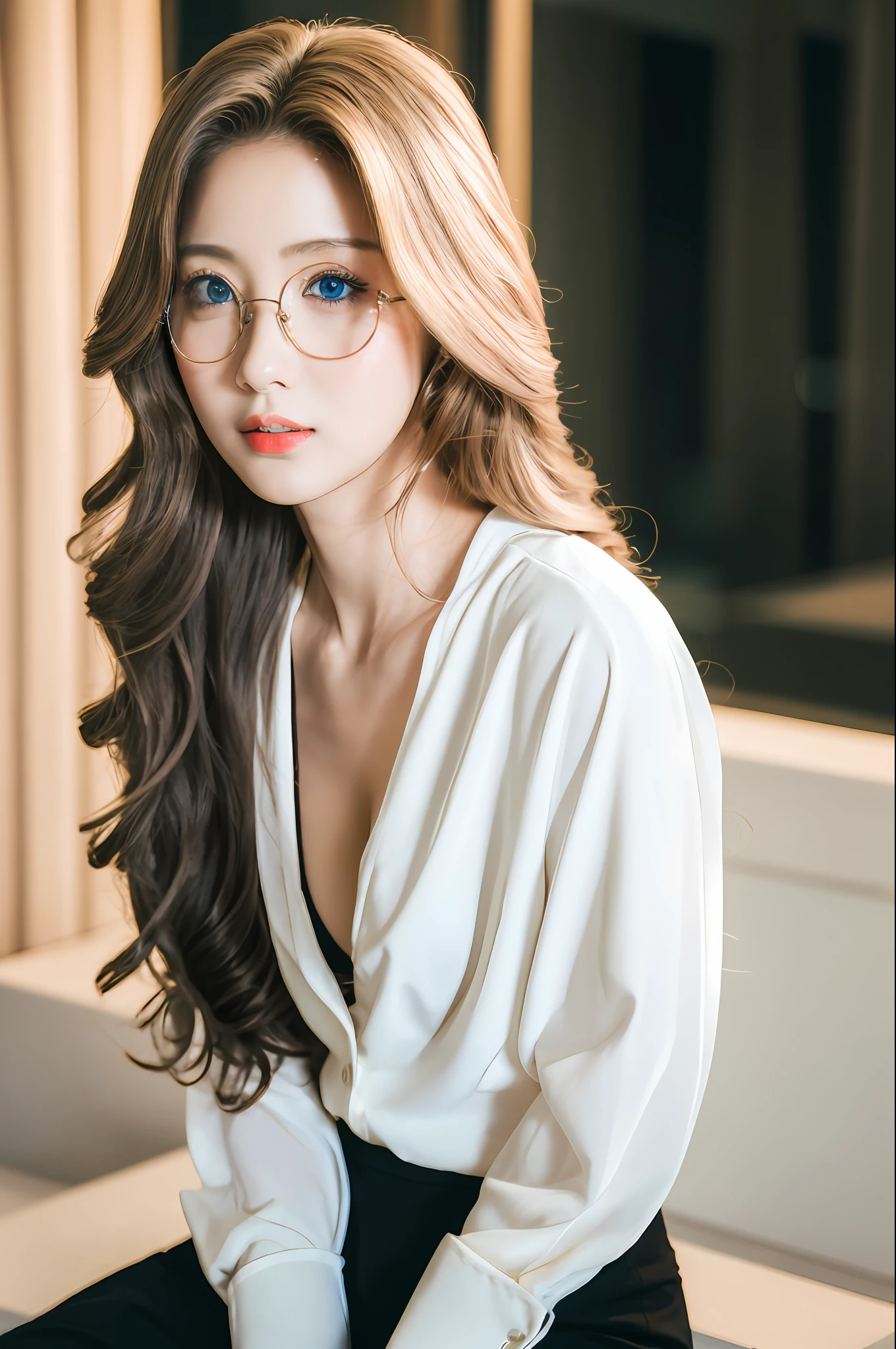 ((RAW photo, best quality)), (realistic, photo-realistic:1.3), masterpiece, an extremely delicate and beautiful, extremely detailed, CG, unity , 2k wallpaper, Amazing, finely detail, light smile, extremely detailed CG unity 8k wallpaper, huge file size, ultra-detailed, high resolution, absurdres, soft light, beautiful detailed girl, detailed fingers, extremely detailed eyes and face, beautiful detailed nose, beautiful detailed eyes, long eyelashes, light on face, looking at viewer, 1girl, (full body), ((small breasts)), realistic face, realistic body, beautiful detailed thigh, long hair, breasts, looking at viewer, blue eyes, skirt, blond hair, shirt, long sleeves, white shirt, glasses, pants, black skirt, blurry, lips, blurry background, black pants, red lips, (ulzzang-6500-v1.1:0.4),