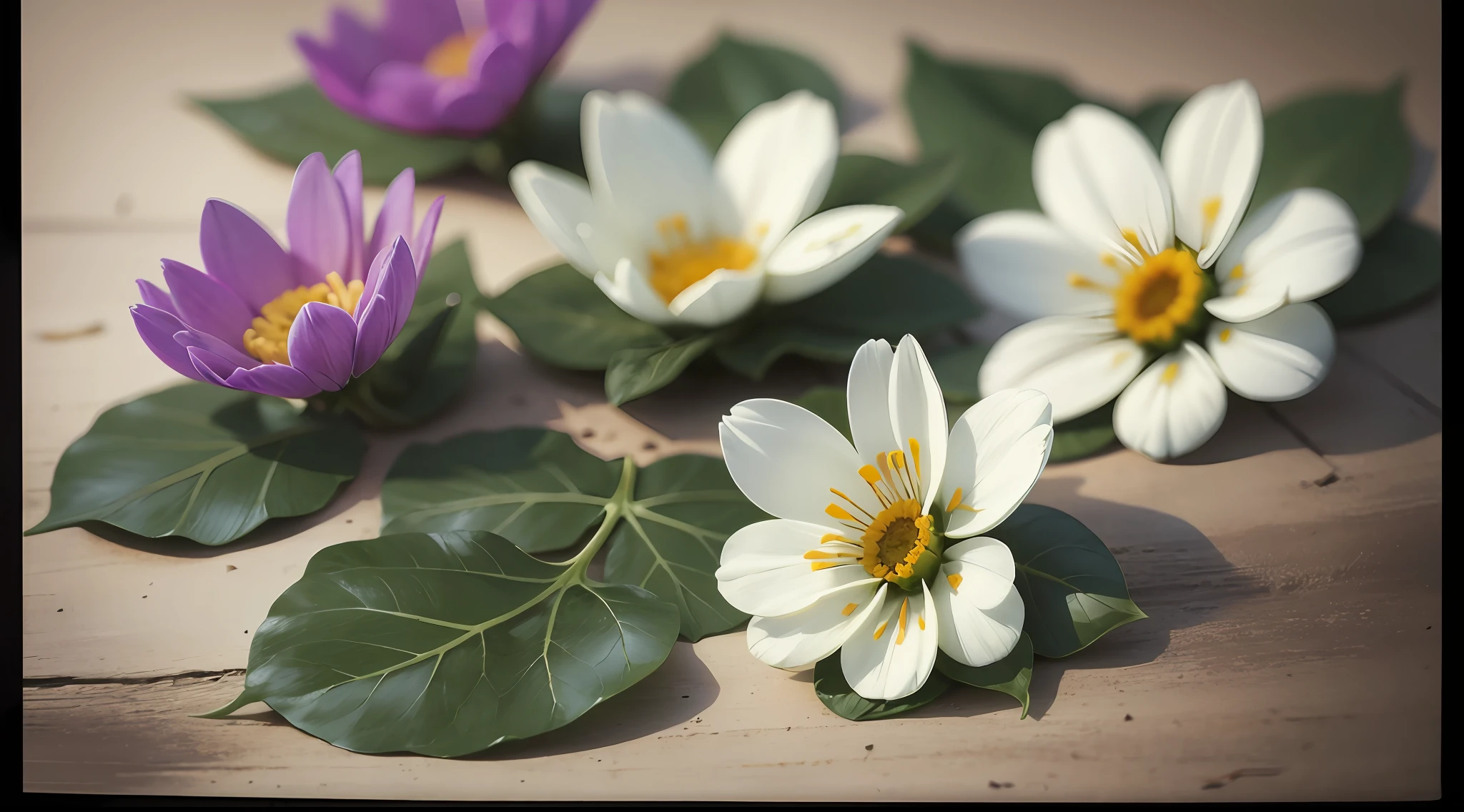 photograph of lying flowers, a variety of flowers lying on the table, close-up, leaves, stems