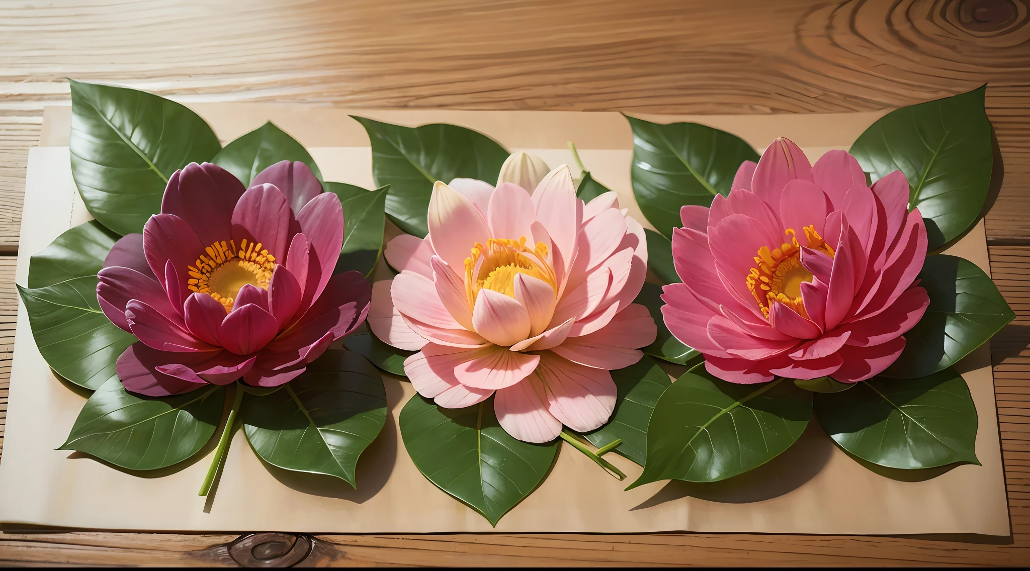 photograph of lying flowers, a variety of flowers lying on the table, close-up, leaves, stems