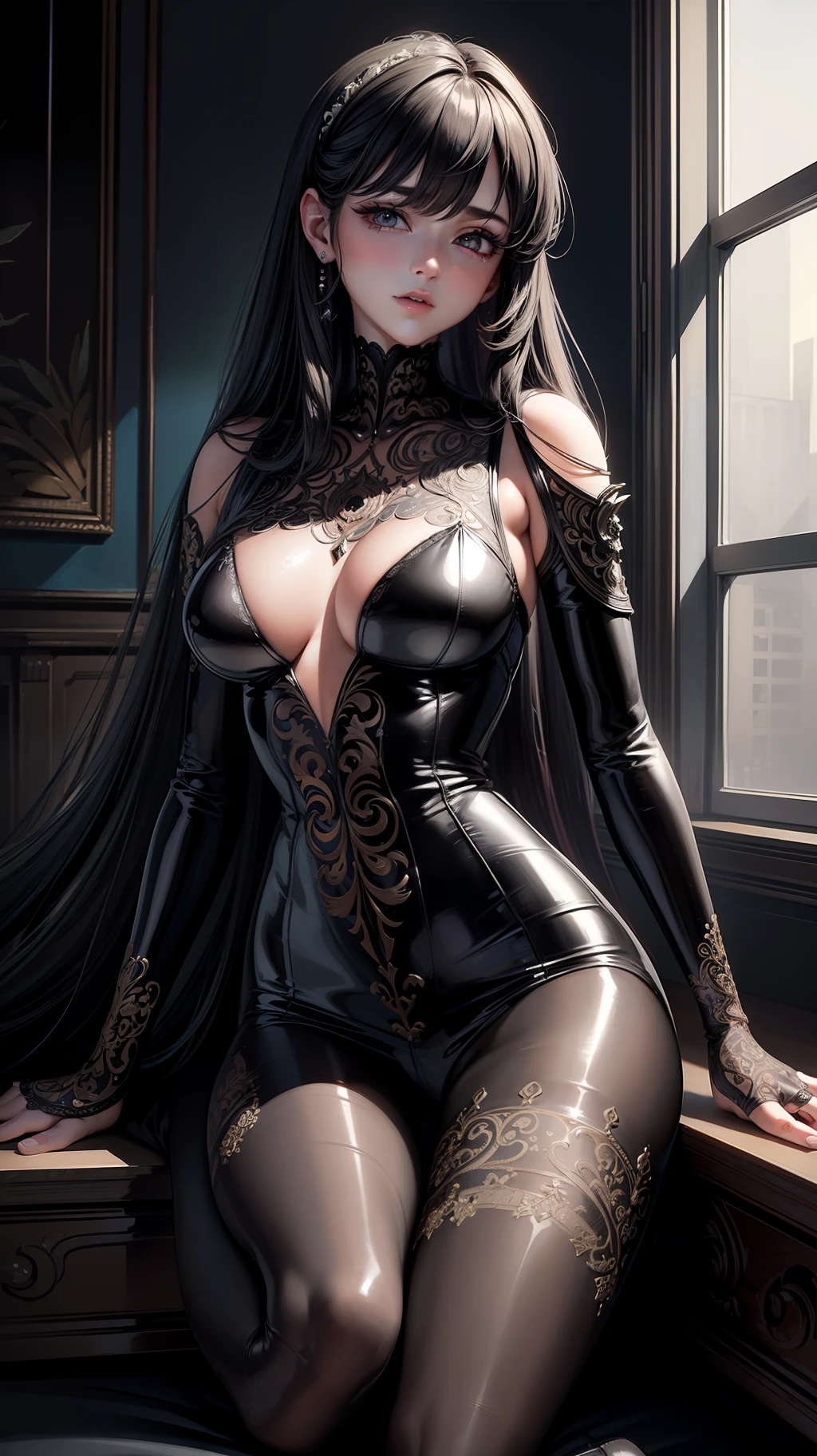 (((masterpiece))), ((((best quality)))), (((ultra-detailed))), (highly detailed CG illustration), ((an extremely delicate and beautiful face)),(cute and delicate face), cinematic light, girl, , Full body tights, catsuit, body stocking, dynamic pose, black hair, dark eyes, bangs, perfect body