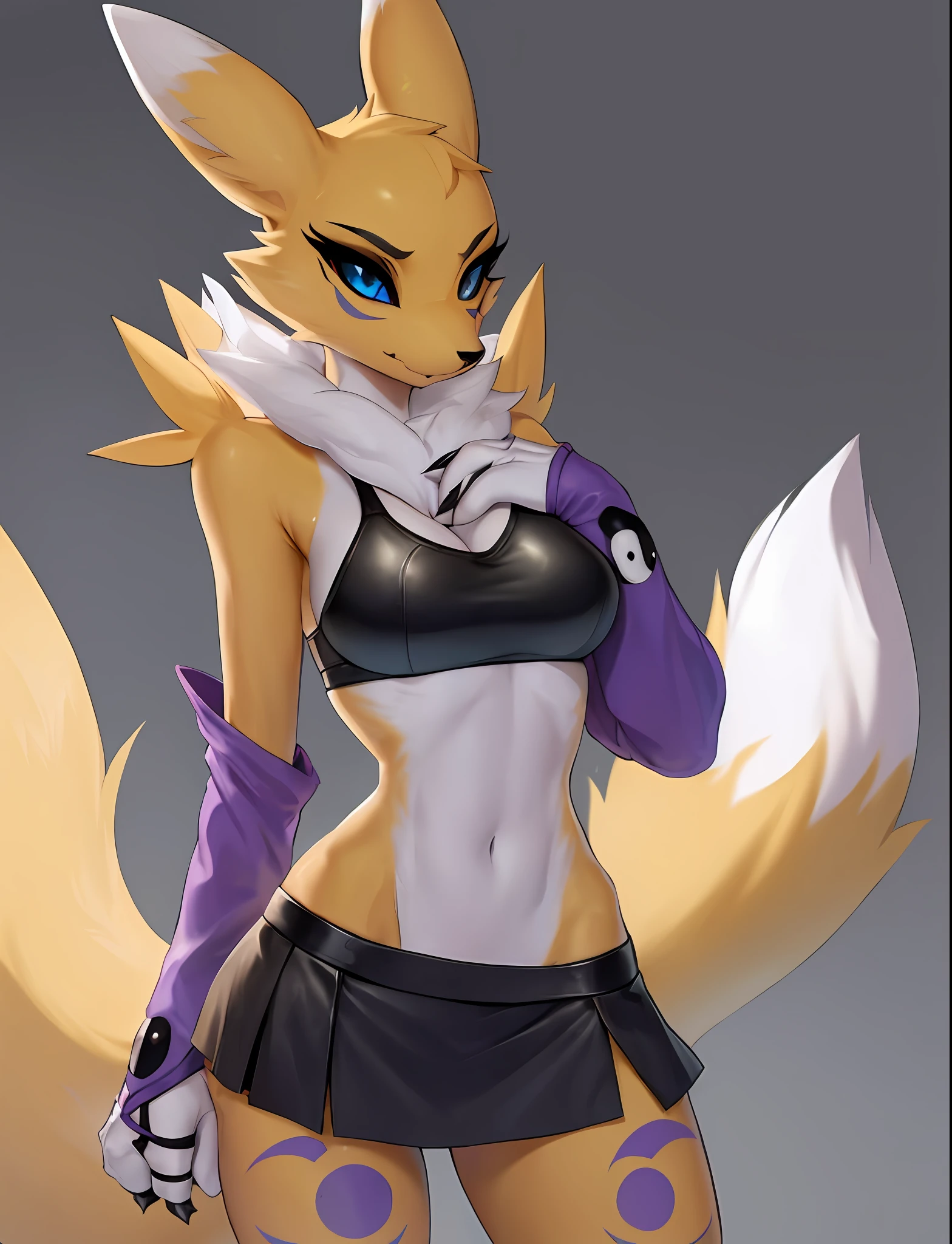 (furry Art, Uploaded On E621:1.4), Masterpiece, (best Quality:1.2), Simple Background, Detailed Image, Colorful, Vibrant Colors, Detailed Face, Perfect Lighting, Perfect Shadows, Perfect Eyes, Girl Focus, Perfect Hair, Blue Eyes, Perfect Face, Medium Breasts, Gorgeous Body, Hourglass Body, Shiny Body, 1girl, Solo, Center Focus, Renamon, Fox Ears, Tattoo, Fox Tail, Facial Mark, Fox Girl, Claws, Furry, Colored Sclera, Furry Female, Black Sclera, Body Fur, White Fur, Yin Yang, Animal Nose, Long Snout, Two-tone Fur, Digimon (creature), Yellow Fur, Upper Body, Cropped Torso, Steaming Body, (one Tail:1.8) (((seductive, Leather Skirt, Leather Sports Bra, Bare Shoulder, Bridal Gauntlets, Sleeves)))