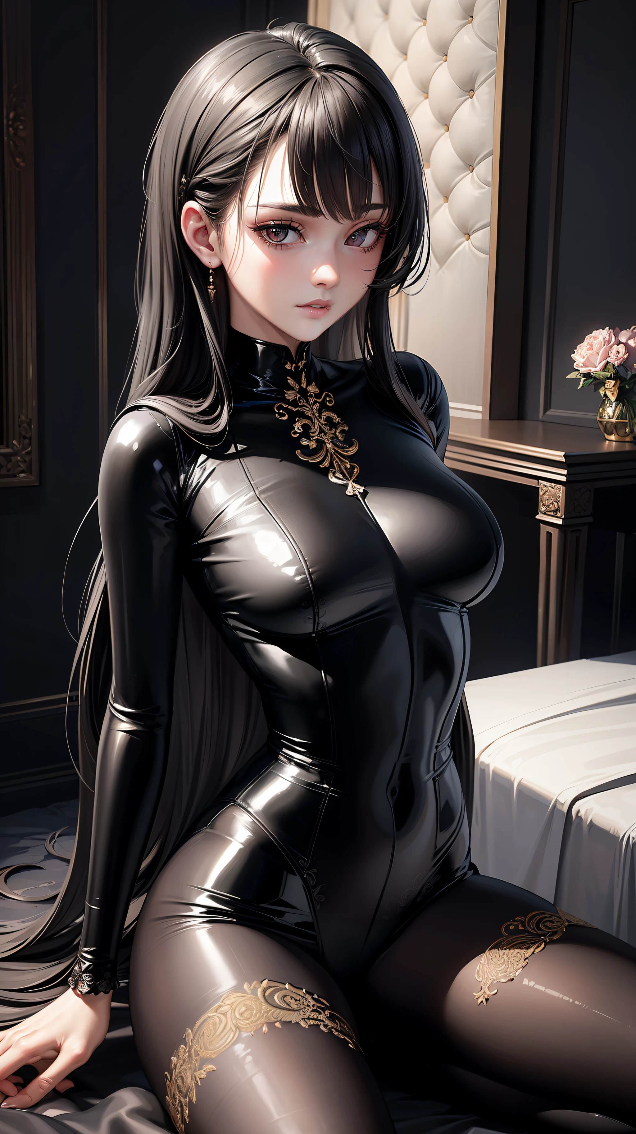 (((masterpiece))), ((((best quality)))), (((ultra-detailed))), (highly detailed CG illustration), ((an extremely delicate and beautiful face)),(cute and delicate face), cinematic light, girl, , Full body tights, catsuit, body stocking, dynamic pose, black hair, dark eyes, bangs, perfect body