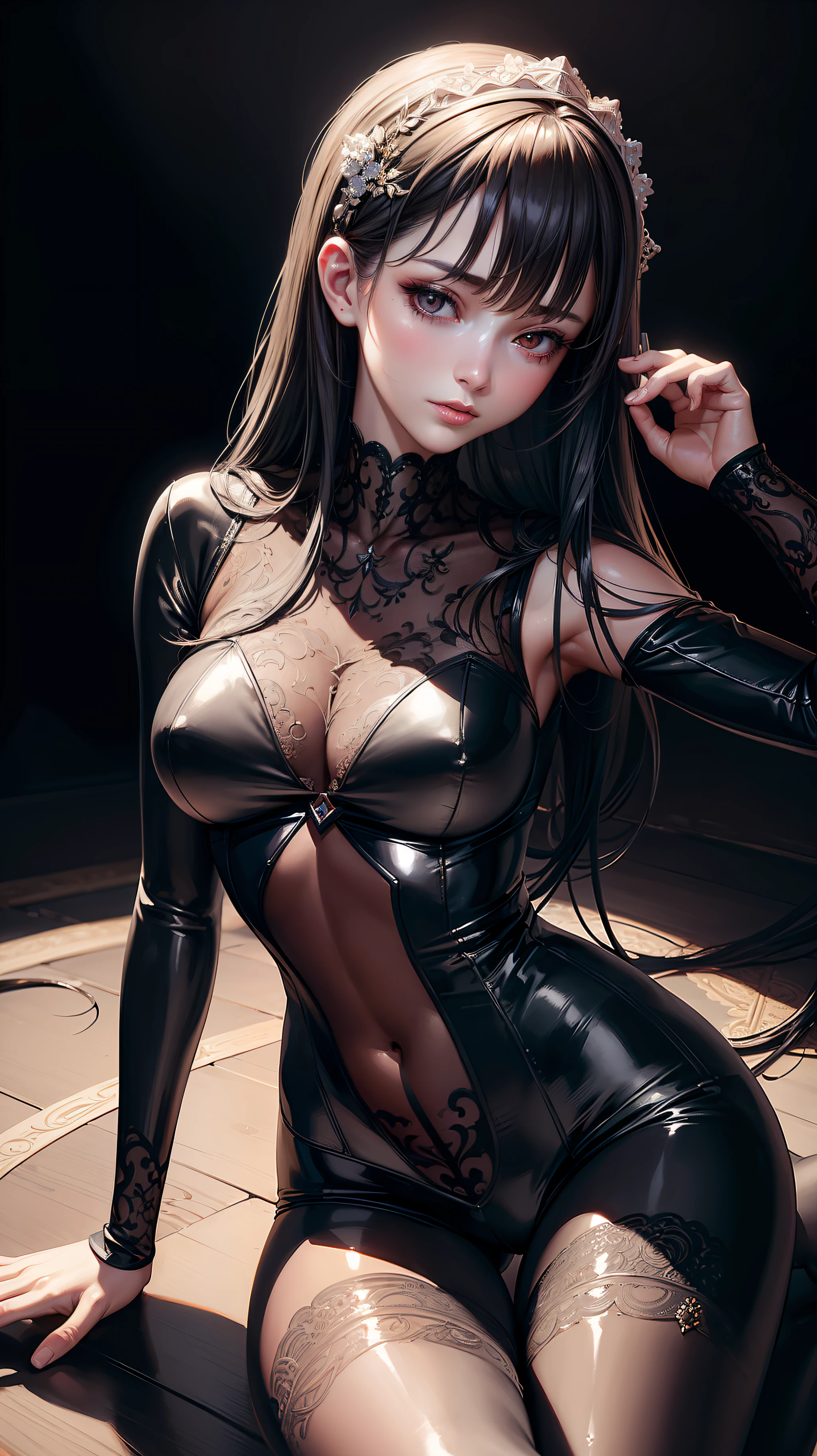 (((masterpiece))), ((((best quality)))), (((ultra-detailed))), (highly detailed CG illustration), ((an extremely delicate and beautiful face)),(cute and delicate face), cinematic light, girl, , Full body tights, catsuit, body stocking, dynamic pose, black hair, dark eyes, bangs, perfect body