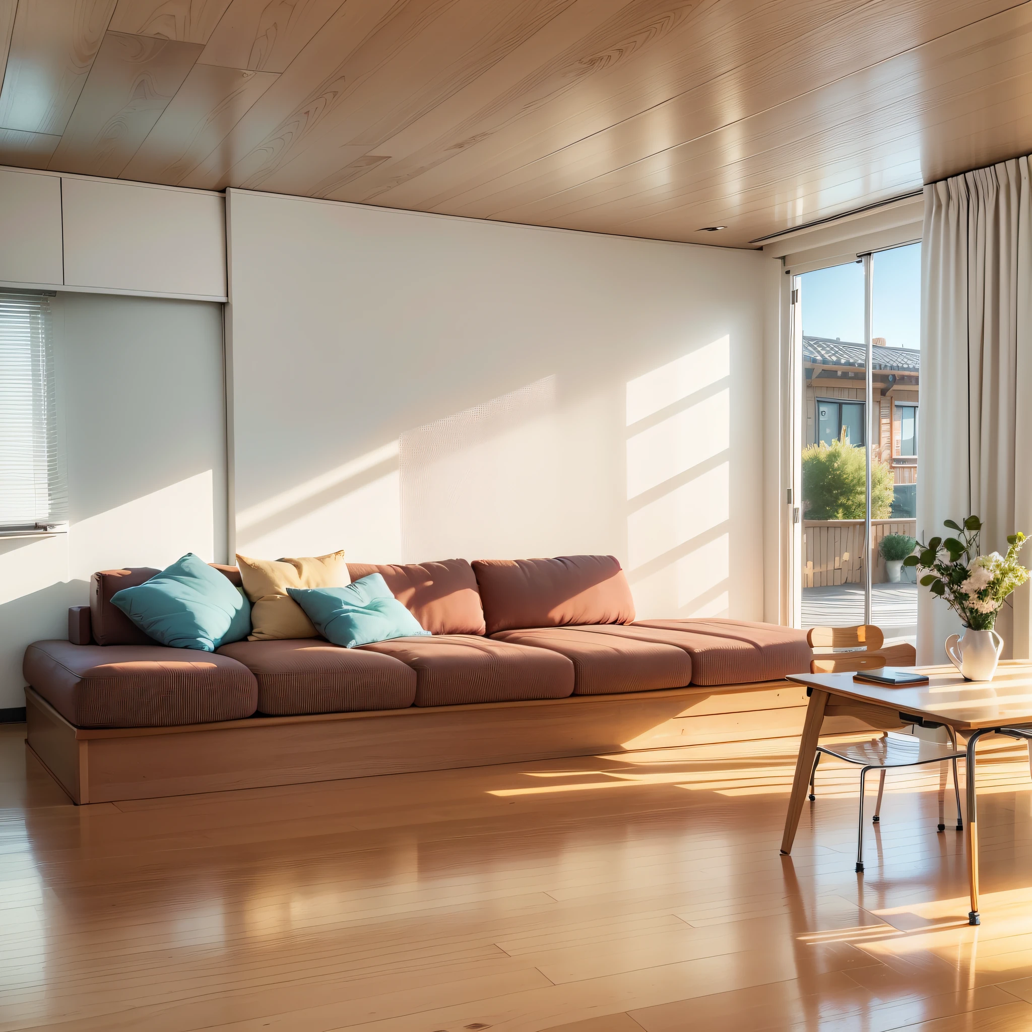 a sketch of a beautiful modern living room, (((foster and partners, artists impression, artistic impression, by Hamish MacDonald, by Carey Morris, by David Brewster, higher detailed illustration, by Helen Berman, an illustration, detailed illustration, by Nick Fudge, by Warren Mahy, artist's impression))), a red kitchen cabinet behind the white sofa, with minimal pictures on the wall, linen curtain next to the classroom window, coffee table, modern wood, ceiling with magnetic emissive lighting, white fabric PRB textures, wooden floor PRB texture, --auto --s2