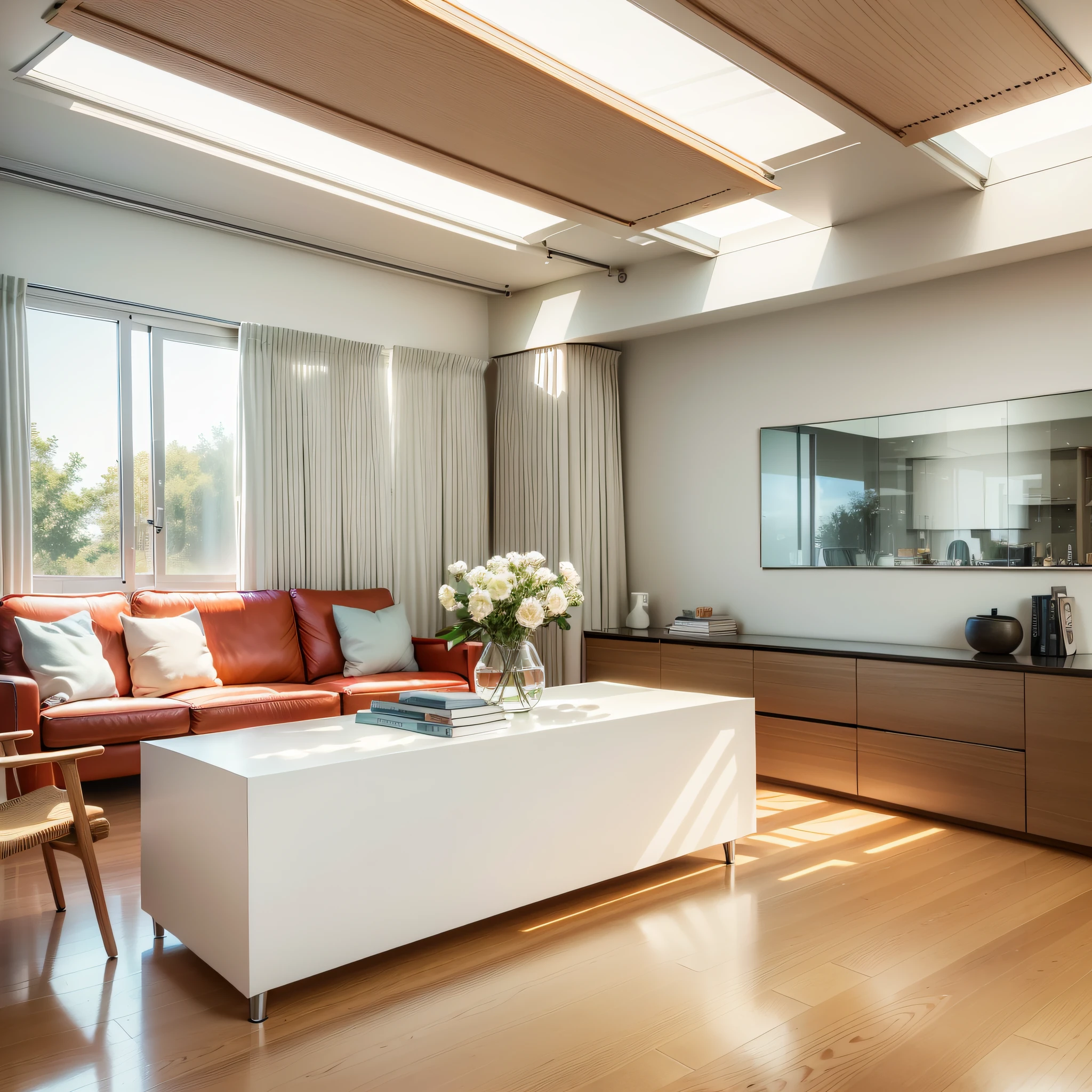a sketch of a beautiful modern living room, (((foster and partners, artists impression, artistic impression, by Hamish MacDonald, by Carey Morris, by David Brewster, higher detailed illustration, by Helen Berman, an illustration, detailed illustration, by Nick Fudge, by Warren Mahy, artist's impression))), a red kitchen cabinet behind the white sofa, with minimal pictures on the wall, linen curtain next to the classroom window, coffee table, modern wood, ceiling with magnetic emissive lighting, white fabric PRB textures, wooden floor PRB texture, --auto --s2