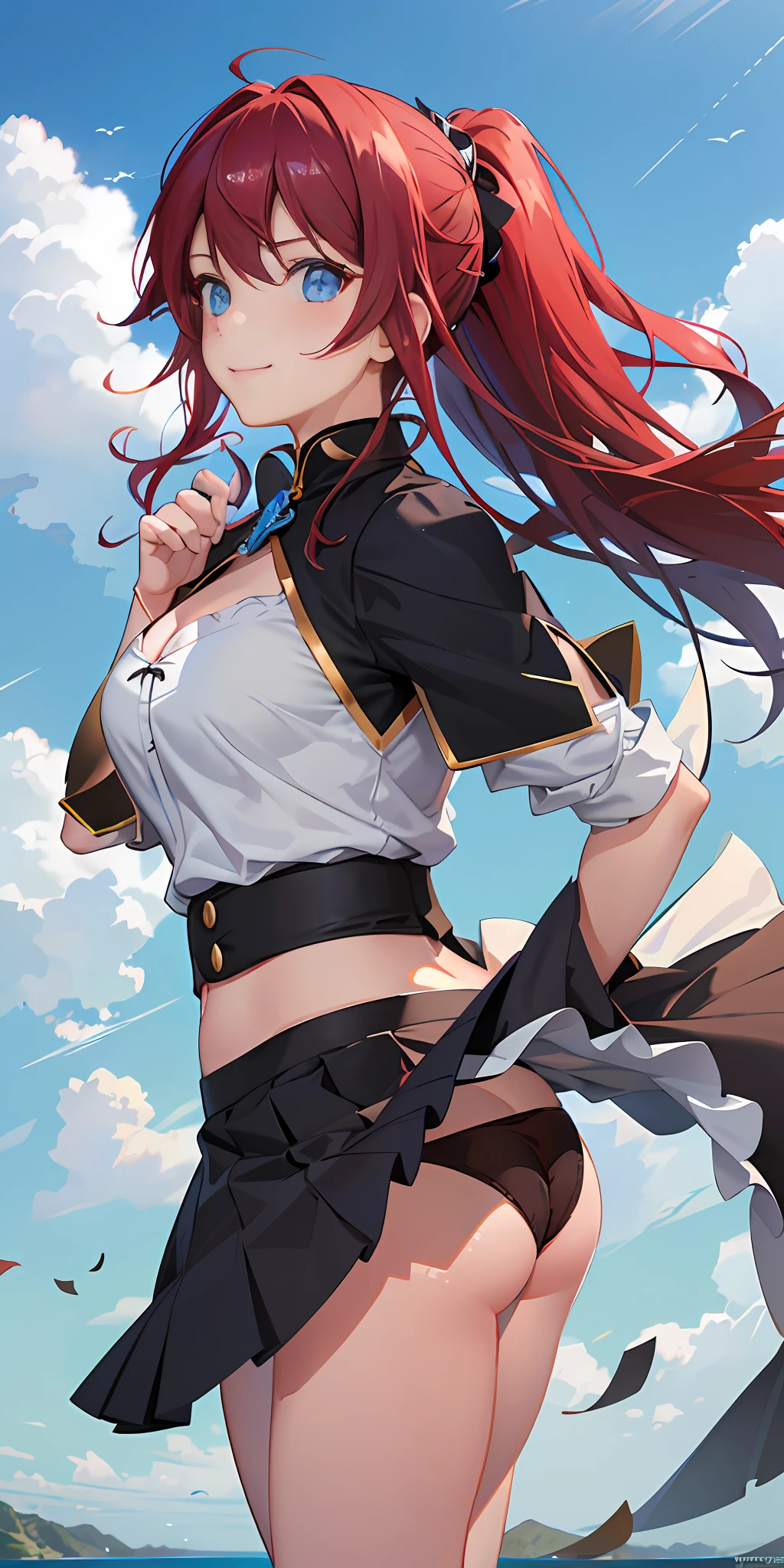 Masterpiece, Best Quality, Official Art, (Very Detailed CG Unity 8k wallpaper), Detailed backgrounds ,, Attractive and sexy woman, College girl, The wind blows, (((Flips up skirt, panties are visible)))), (Curvaceous), ( White thighs: 1.12), ( Blue eyes: 1.13), (High ponytail: 1.12), Look bigger, (cleavage), beautiful face, (blush: 1.11), ( Smile:1.11)