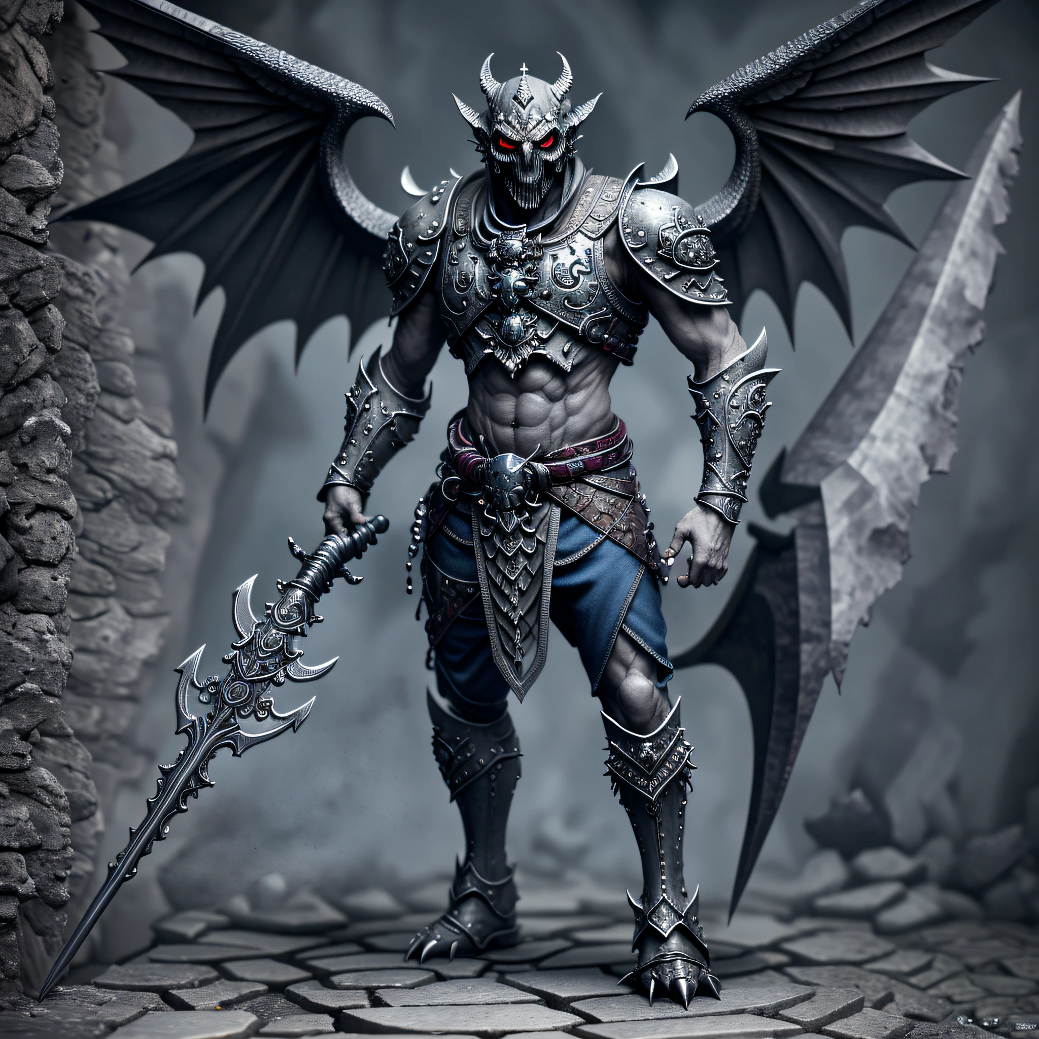 (extremely detailed 8k wallpaper),a full body shot photo of a fearful undead grey gargoyle necromancer holds in left hand a mace with a skulltop and in the right hand he holds a shield,2 Wings, intricate, high detail, dramatic --auto --s2