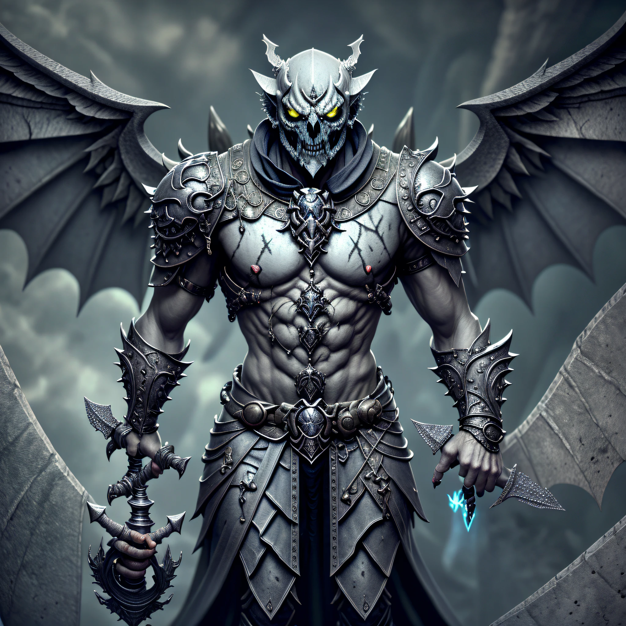 (extremely detailed 8k wallpaper),a full body shot photo of a fearful undead grey gargoyle necromancer holds in left hand a mace with a skulltop and in the right hand he holds a shield,2 Wings, intricate, high detail, dramatic --auto --s2