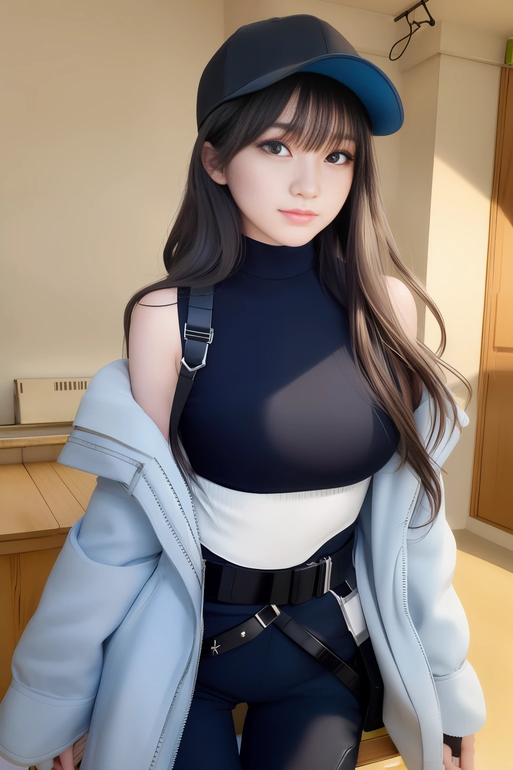 anime drawing inspired by Miwa Komatsu, trending on pixiv, shin hanga, anime girl in real life, beautiful anime high school girl, anime girl cosplay, attractive anime girl, realistic young anime girl, a hyperrealistic schoolgirl, young anime girl, hyperrealistic schoolgirl, saori \(blue archive\), long hair, black hair, halo, baseball cap, open clothes, off shoulder, coat, crop top, chest harness, snap-fit buckle, black pants, thigh holster, gloves, chest harness, thigh holser, snap-fit buckle, blue eyes, smiling, beautiful teen girl, korean girl, round head, perfect girl, delicate face, delicate eyes, amazingrealistic, rendering, white face, make up, teen, sweet, smooth skin, white skin, glowing face, 8k uhd, expressive eyes, perfect face, shiny skin, amazing skin, perfect lips, exquisitely lips, exquisitely face, exquisitely, eyes, exquisitely nose, tiny pug nose, face like Saori joumae (blue archive), ((masterpiece)), (photorealistic:1.3) masterpiece, best quality, high quality, absurdres, shiny skin, colorful, stunning art, best quality, hyper detailed, beautiful detailed, reflective hair, good lighting, ray tracing, depth of field, ultra-detailed, illustration, Amazing, fine detail, extremely detailed, ((ultra-detailed)), (beautiful detailed girl), beautiful detailed glow, intricate detail, highres, an extremely delicate and beautiful, beautiful detailed eyes, hdr, rounded eyes, detailed facial features, (rounded pupils:1.4) (illustration), (beautiful detailed eyes), ((very detailed face)), depth of field