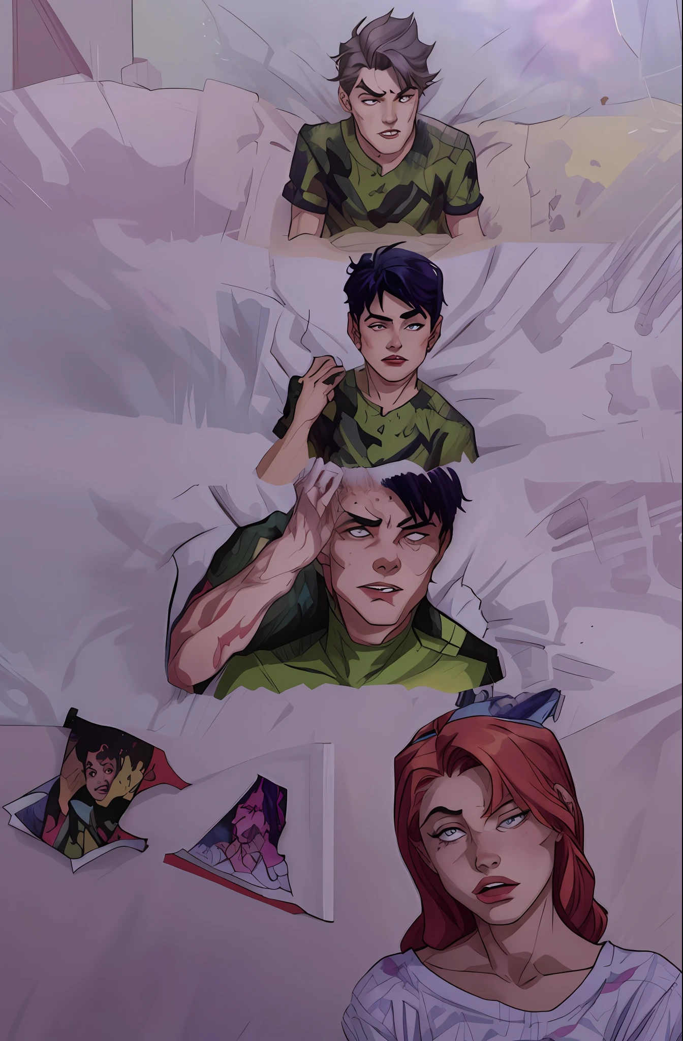 Aerte of a boy and a girl in a bed, girl next to bed, bedroom setting, dark room colored comic panel, color comic book scanning, pencil and comic book ink, pencil and ink, comic book inside page, 8K, high quality,