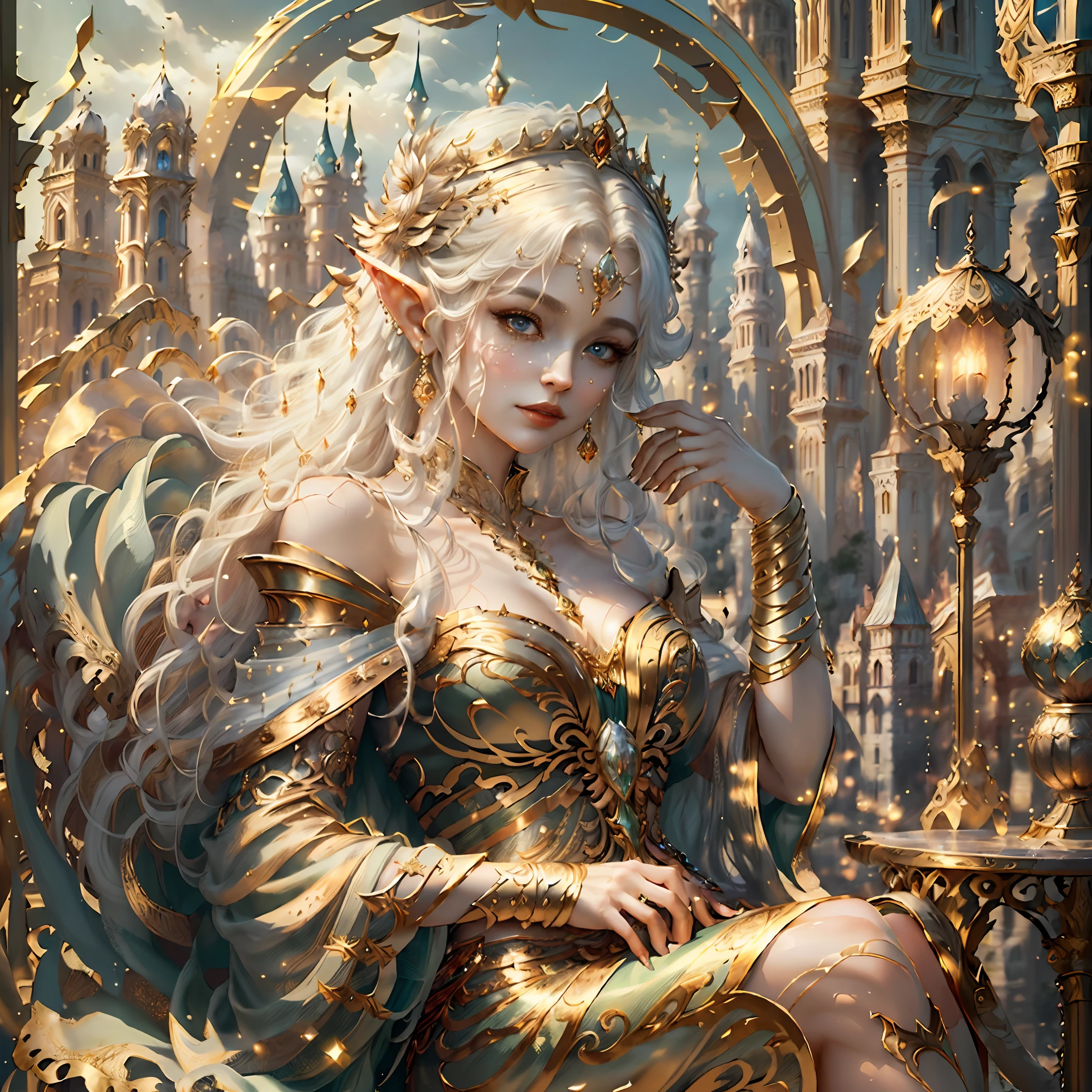 (((masterpiece)), IvoryGoldAI city at night, isometric, 3D rendering, very high definition, high detail, 8k, cinematic lighting, ultra high resolution, best quality, there is a woman sitting on a chair in the city, a beautiful fantasy queen, ((a beautiful fantasy queen)), Karol Bak UHD, beautiful elf with gorgeous robes, detailed fantasy digital art, beautiful fantasy art, detailed fantasy art, Very beautiful fantasy art, goddess. Extremely high detail, fantasy woman, beautiful and elegant elf queen, beautiful fantasy art portrait, real portrait, real three-dimensional, digital art,