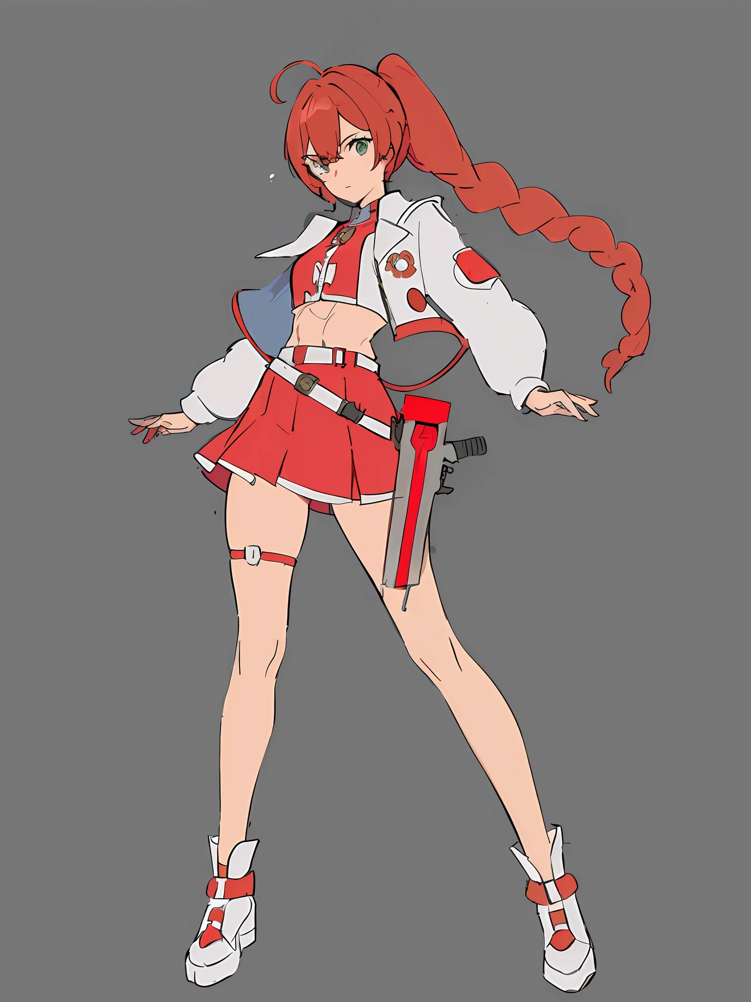 anime girl in a red and white uniform with a gun, cushart krenz, female protagonist 👀 :8, cushart kenz, female action anime girl, sakura kinomoto, guilty gear art style, anime character design, female anime character, anime style character, katana zero video game character, sakura haruno, ( ( character concept art ) )