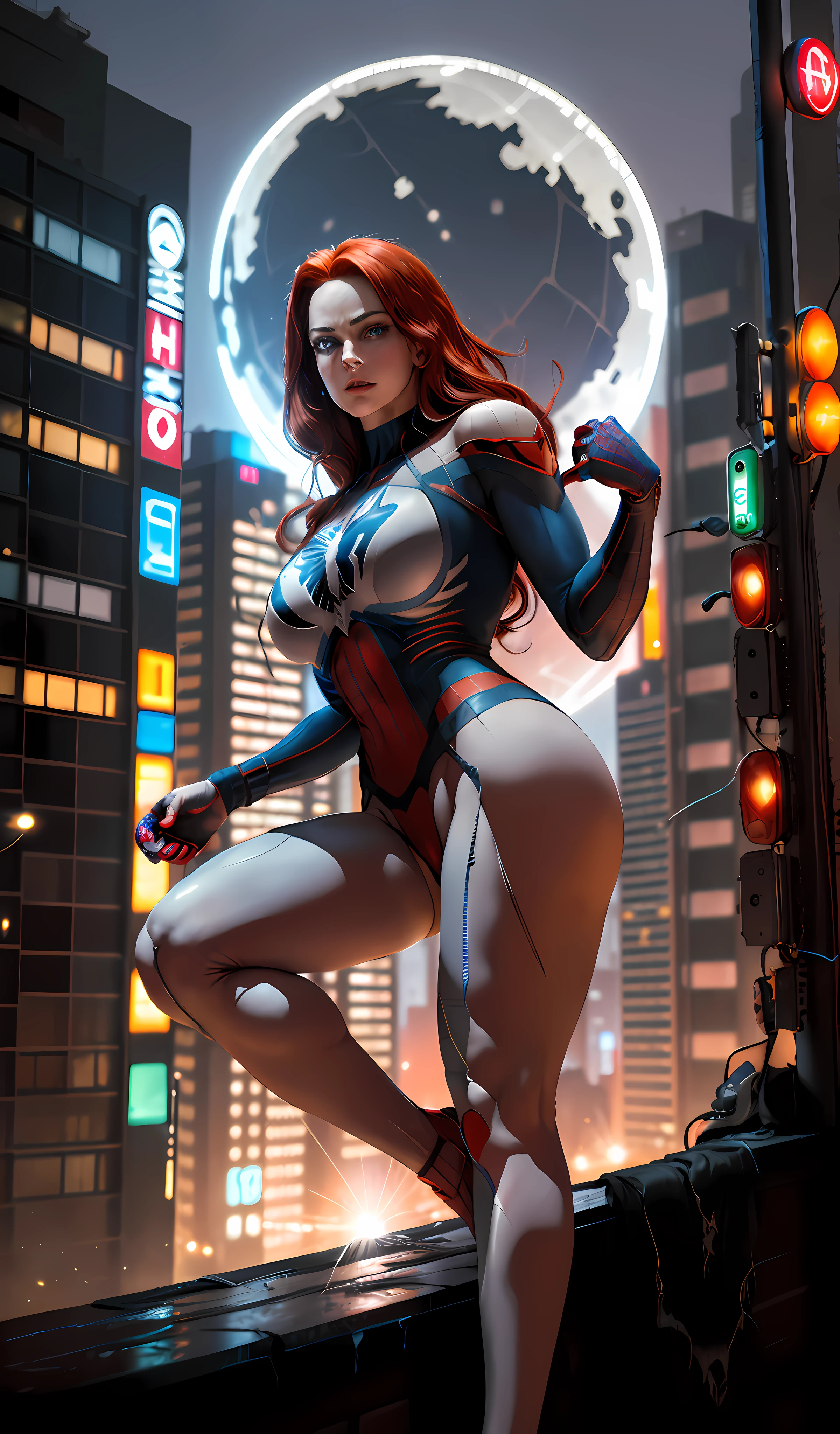 (Masterpiece, 4k resolution, ultra-realistic, very detailed), (White superhero theme, charismatic, there is a girl at the top of the cyberpunk city, neon, neon signs, wearing a venom costume, she is a superheroine), [ ((gorgeous), (long red hair: 1.2), (big breasts in deep neckline: 1.2), whole body, (blue eyes: 1.2), ((dynamic Spider-Man pose), show of strength,  jump from one building to another), ((cyberpunk urban environment):0.8)| (cityscape, night, dynamic lights), (full moon))], (beautiful hands, beautiful fingers, well drawn hands, delicate hand), naked, big breast , string,