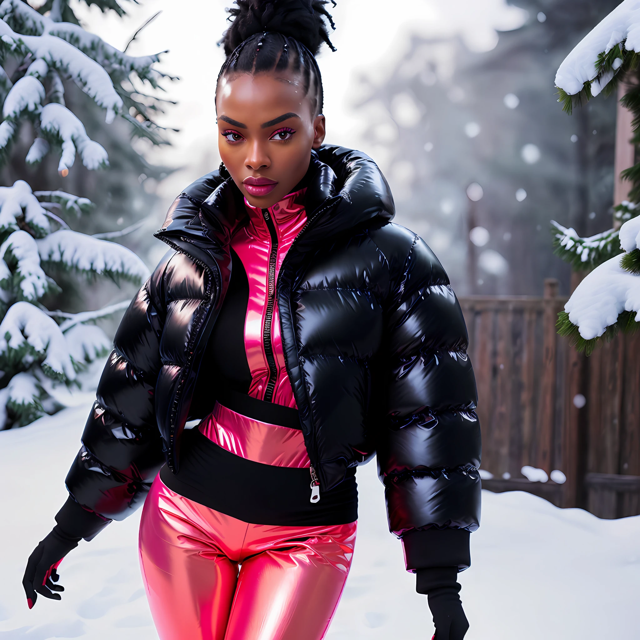 Creates a hyper realis image of a ((full body woman)) with perfect African facial features, black hair stylished afro combed details in high definition, with nice expression, wearing ((Balenciaga puffer oversized style jacket:1.5 detailed red)) (((vivid color neon metallic reflective)), playing gracefully with the snow in front of the camera with excellent lighting, hyper realistic natural landscape realistic colors of the snow environment, best quality, top quality, masterpiece, imaging, high resolution photography camera 100mm lens