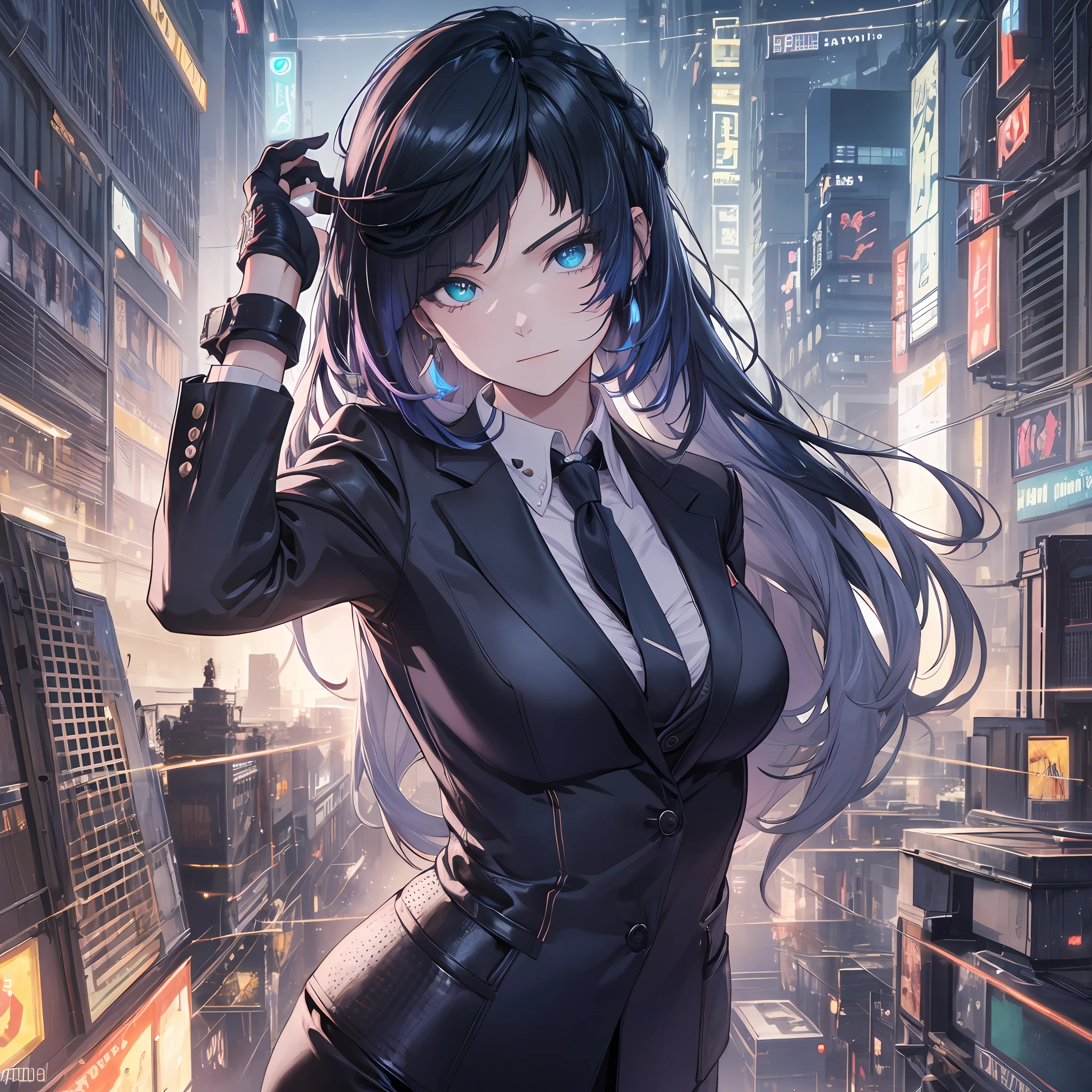 16K, HDR, RTX, raytracing, natural lighting, absurdres, best qaulity masterpiece, perfect anatomy highly detailed face, detailed eyes, 1girl, solo, wearing a business suit, shirt, top button open, beautiful hair, extreme beautiful, edgy, cool, evil aura, windy, glowing eyes, serious expressions, dystopian city, futuristic, detailed background, award winning, neon lights, trending on art station