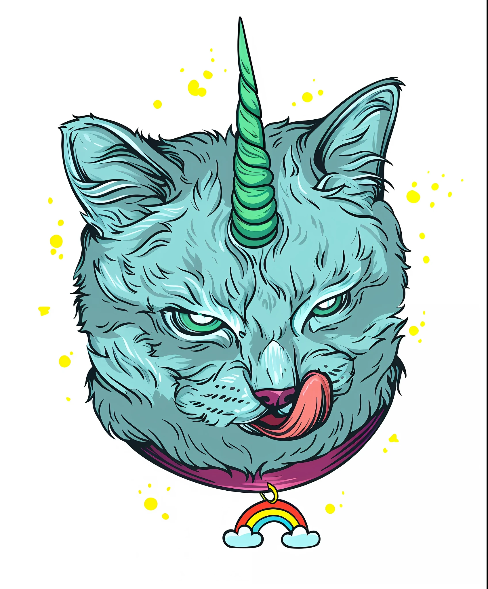 illustration of a cat with a unicorn horn on its head, fluffy cat t - shirt design, illustration of a cat, portrait of a lisa frank, anthropomorphic cat, anthropomorphic female cat, whimsical demon with rainbow fur, highly detailed illustration.”, cat design, funny weird illustration, jen bartel, in a lisa frank art style