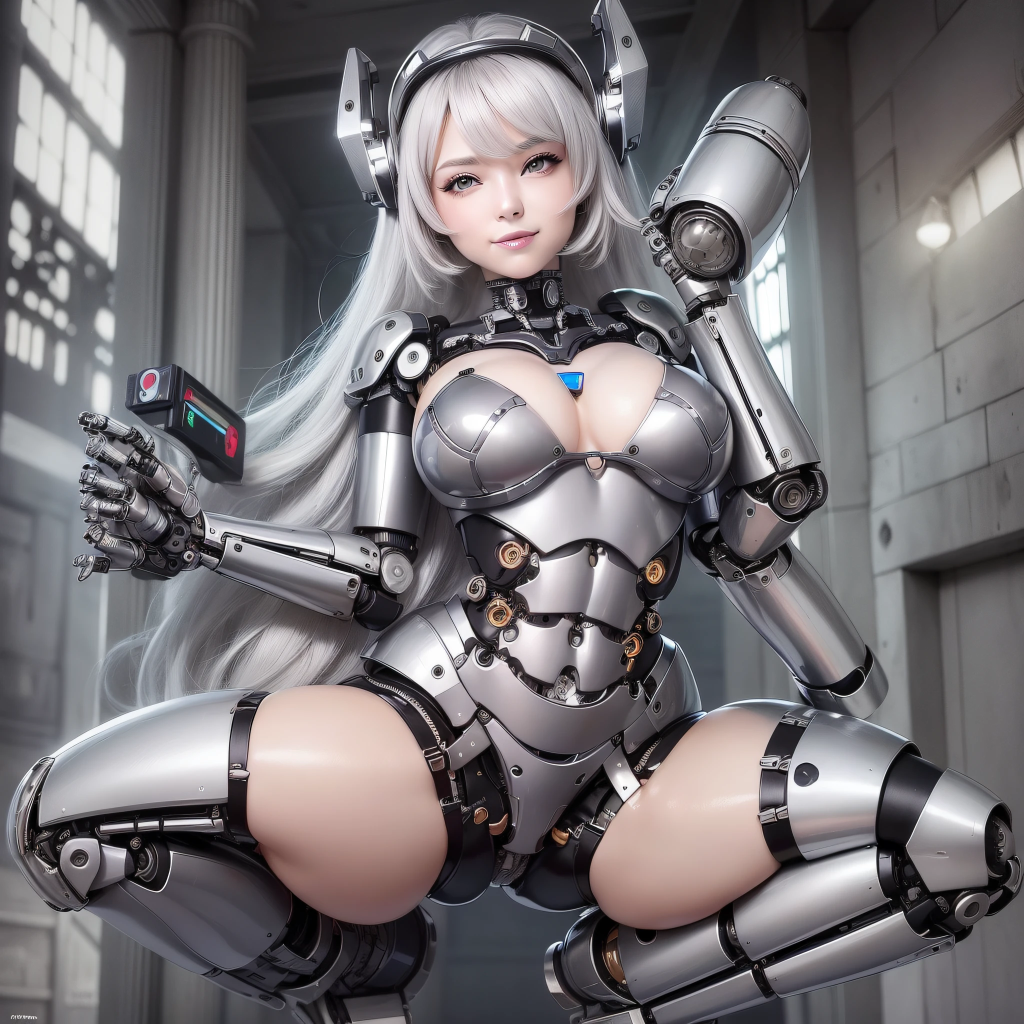 Beautiful Face,1 Woman, Curvaceous, Top Quality, Masterpiece, Ultra Detailed, ((((Bikini Cyborg Robot Parts)))), (Light Grey Hair), Long Hair, Wavy Hair, Twin Tails, Medium Shot, (((Seductive Smile)), (Black Eyes), Princess Cut, (Cowboy Shot),Squatting,Spread Your Legs,HR Giger,