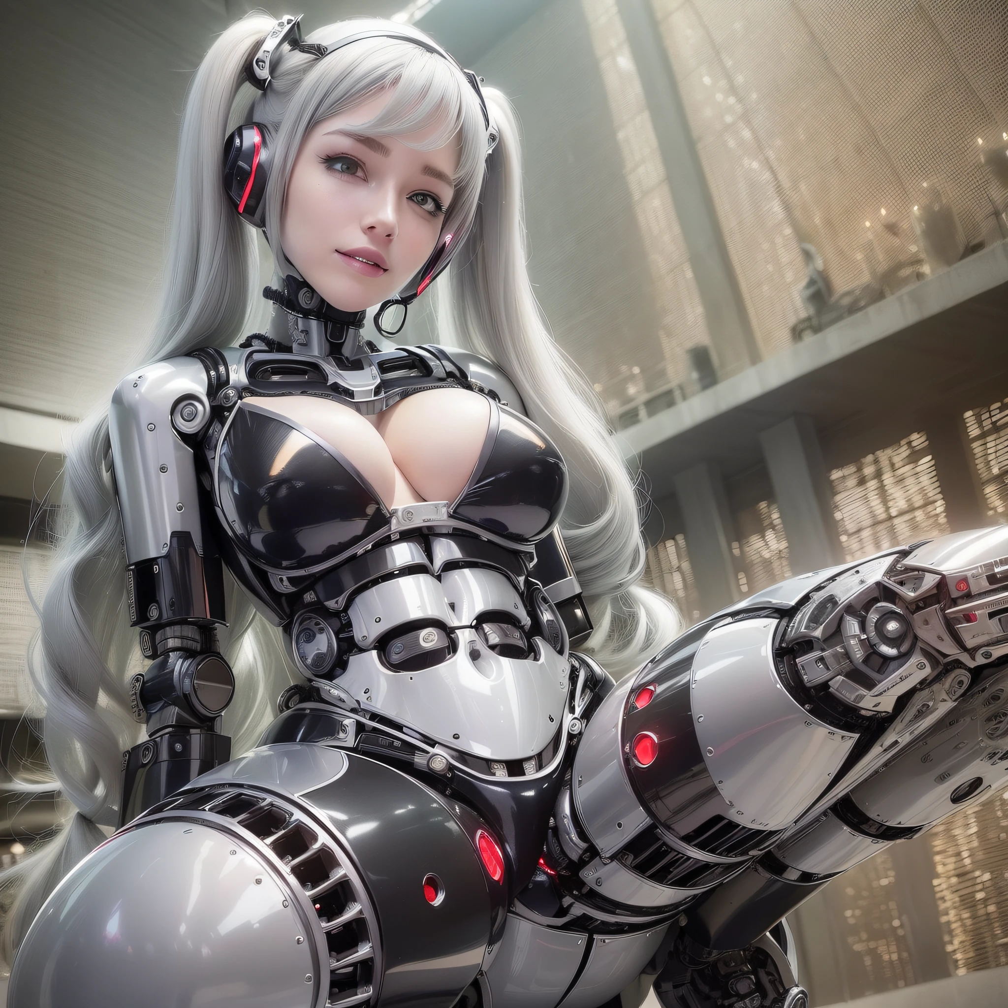 Beautiful Face,1 Woman, Curvaceous, Top Quality, Masterpiece, Ultra Detailed, ((((Bikini Cyborg Robot Parts)))), (Light Grey Hair), Long Hair, Wavy Hair, Twin Tails, Medium Shot, (((Seductive Smile)), (Black Eyes), Princess Cut, (Cowboy Shot),Squatting,Spread Your Legs,HR Giger,