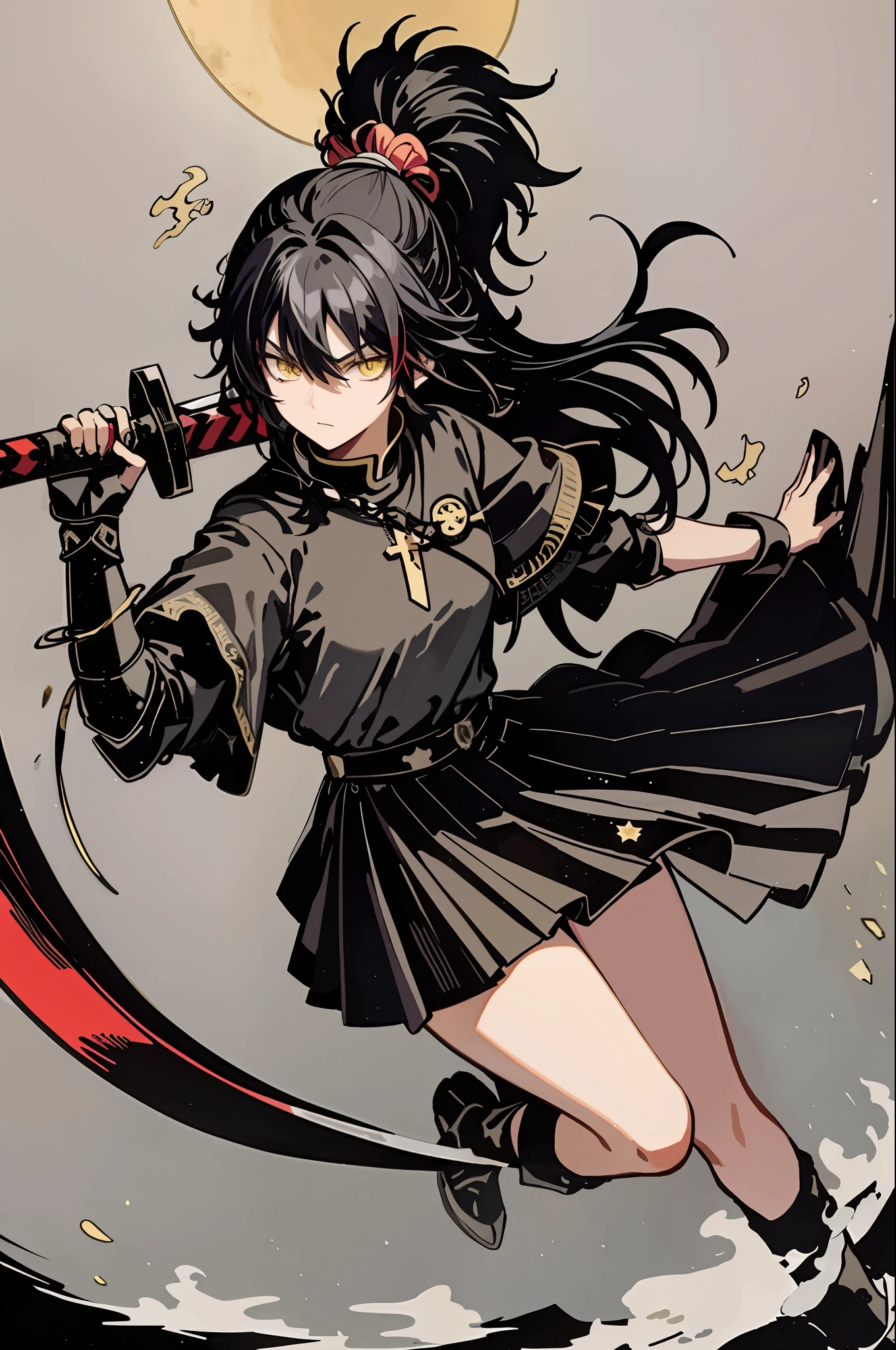 "Tarot card representing The Fool featuring a girl with black hair and yellow eyes wearing black and red samurai armor, holding a sword. The ground is covered in swords and there's a looming moon in the background."