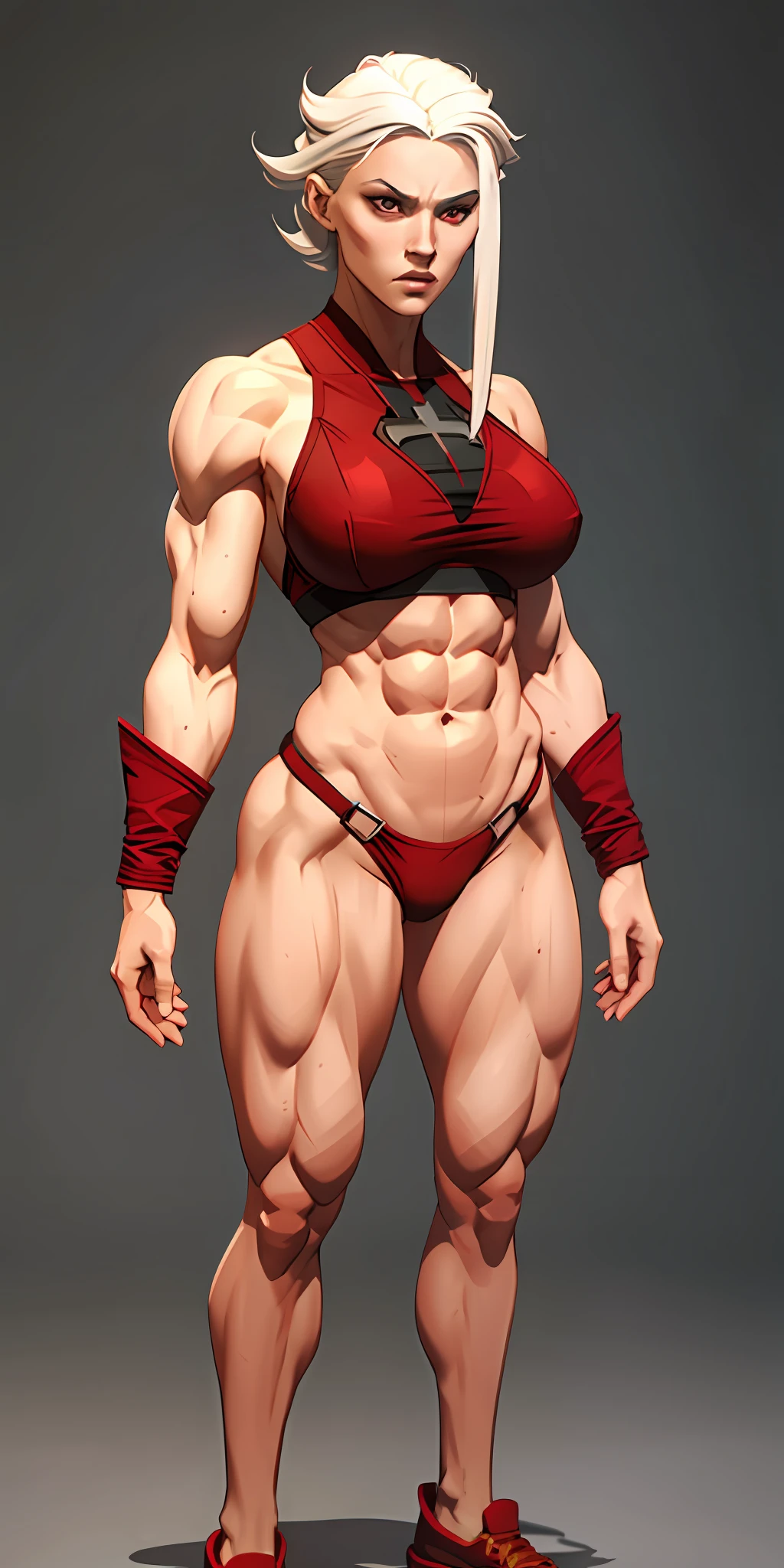 bodybuilder, pretty face, serious face, white hair, red eyes, perfect body, fit body, abdomen, big breasts, muscular,