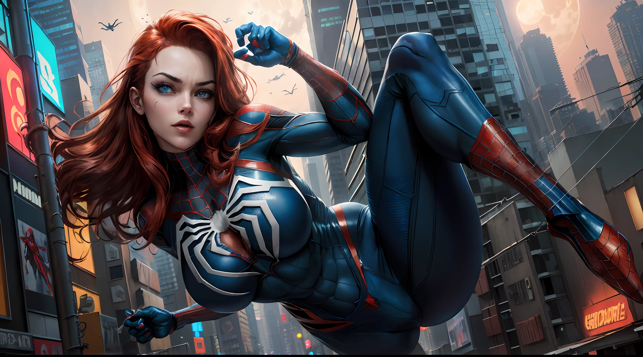 (Masterpiece, 4k resolution, ultra-realistic, very detailed), (White superhero theme, charismatic, there is a girl at the top of the cyberpunk city, neon, neon signs, wearing a venom costume, she is a superheroine), [ ((gorgeous), (long red hair: 1.2), (big breasts in deep neckline: 1.2), whole body, (blue eyes: 1.2), ((dynamic Spider-Man pose), show of strength,  jump from one building to another), ((cyberpunk urban environment):0.8)| (cityscape, night, dynamic lights), (full moon))], (beautiful hands, beautiful fingers, well drawn hands, delicate hand), naked, big breast , string,