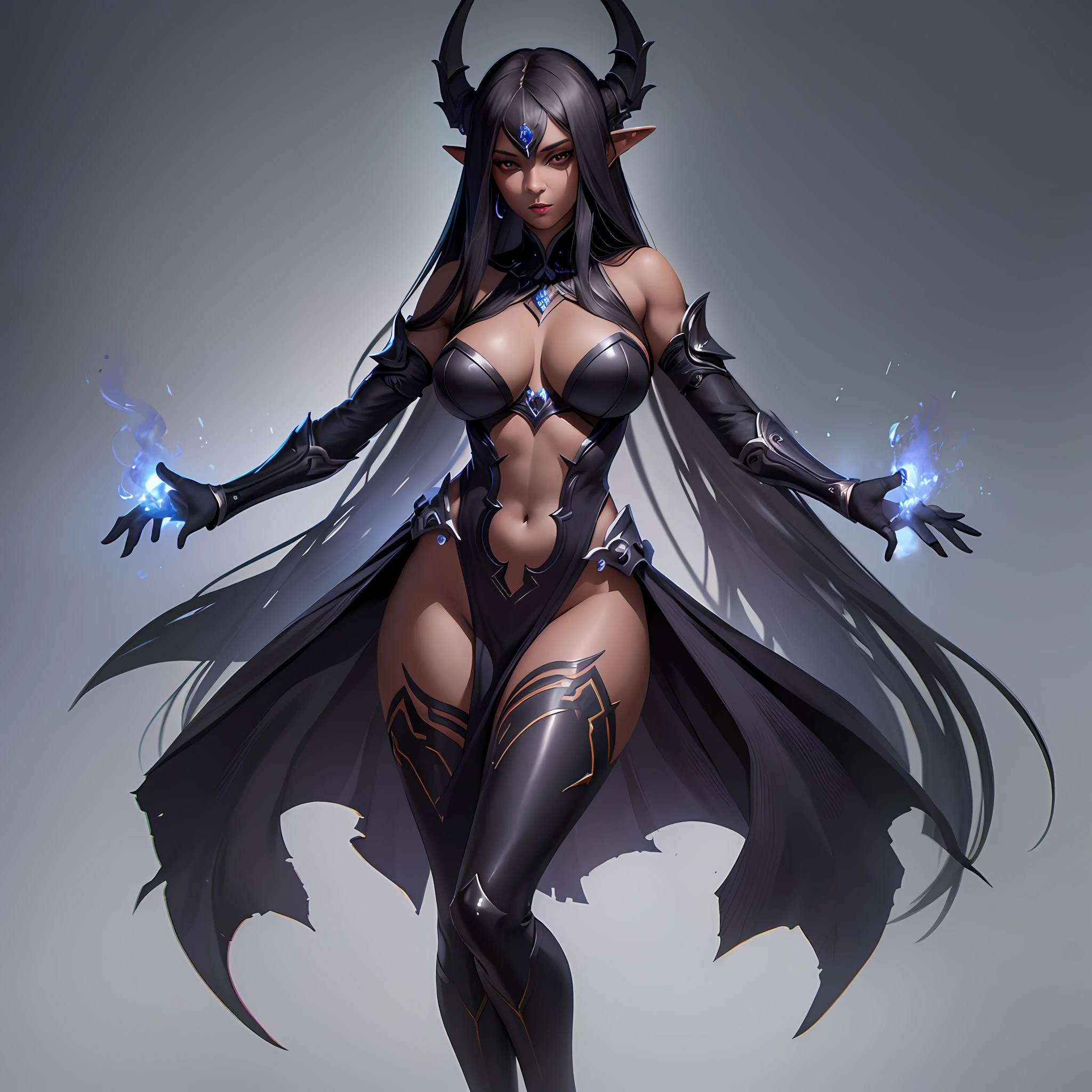 (masterpiece), (best quality), (high detail), (realistic,) woman of dark race, dark background, full body, with black legs and arms, dark elves.