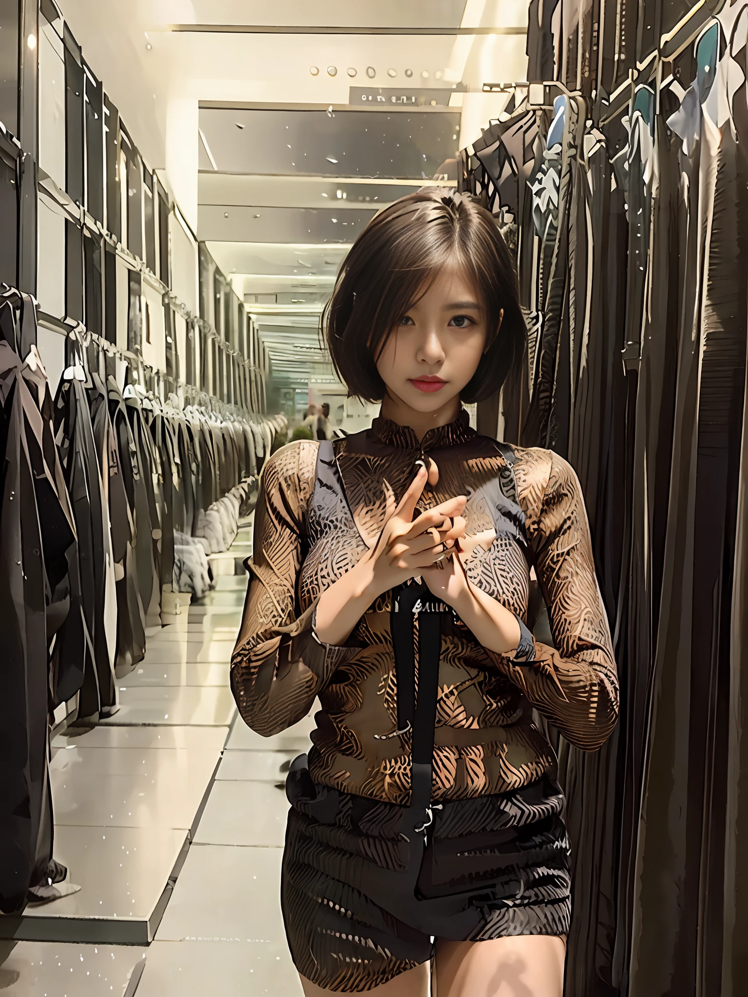 8k、masterpiece, best quality, dusk, in autumn, in the rain, cityscape, realistic, photo, real, girl, short hair, brown hair, beautiful detailed eyes, aqua eyes, {smirk}, naughty_face, black eyes, {business_suit}, {garter belt}, {high heels}