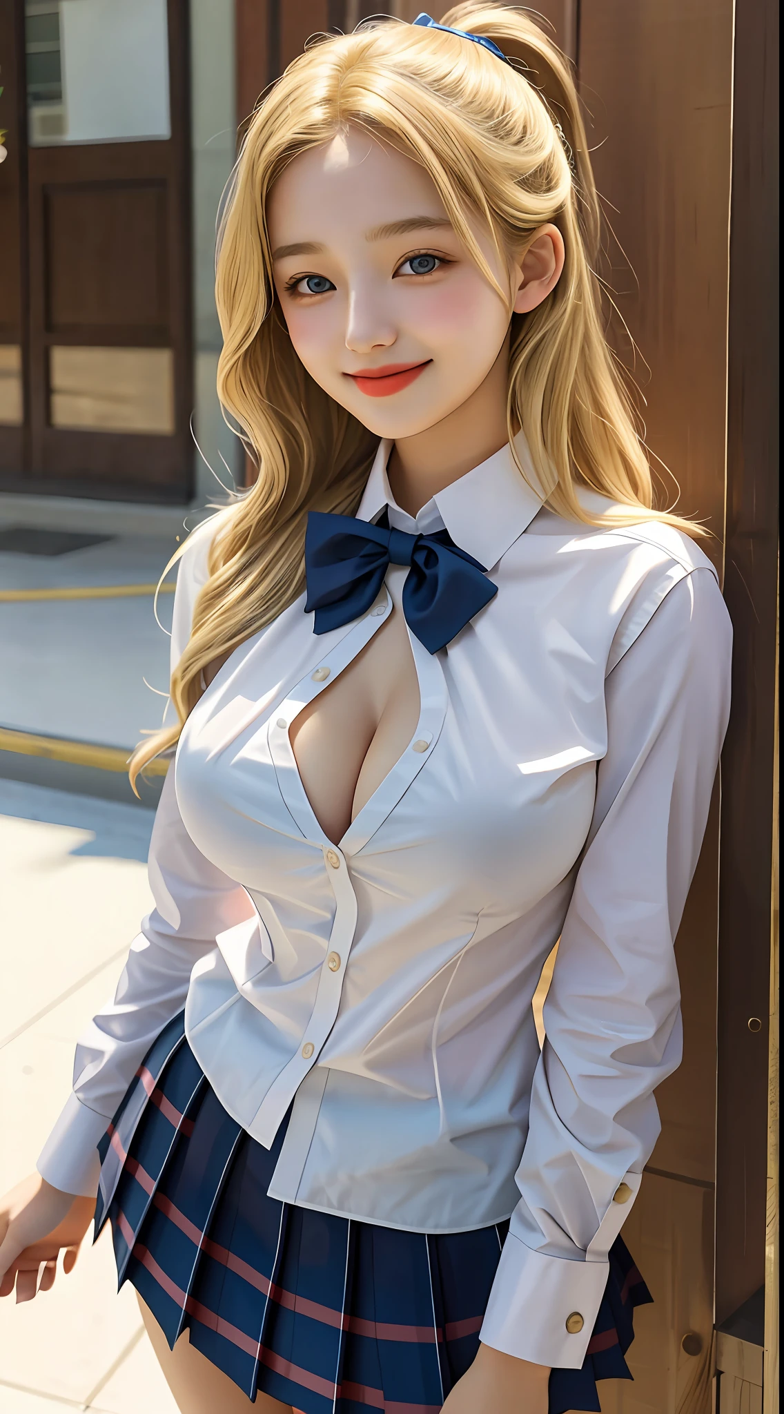 girl, single, 15 years old, best quality, very big breasts, masterpiece, blonde, smile, schoolgirl, uniform, gal, mature face, cleavage, sticking out tongue